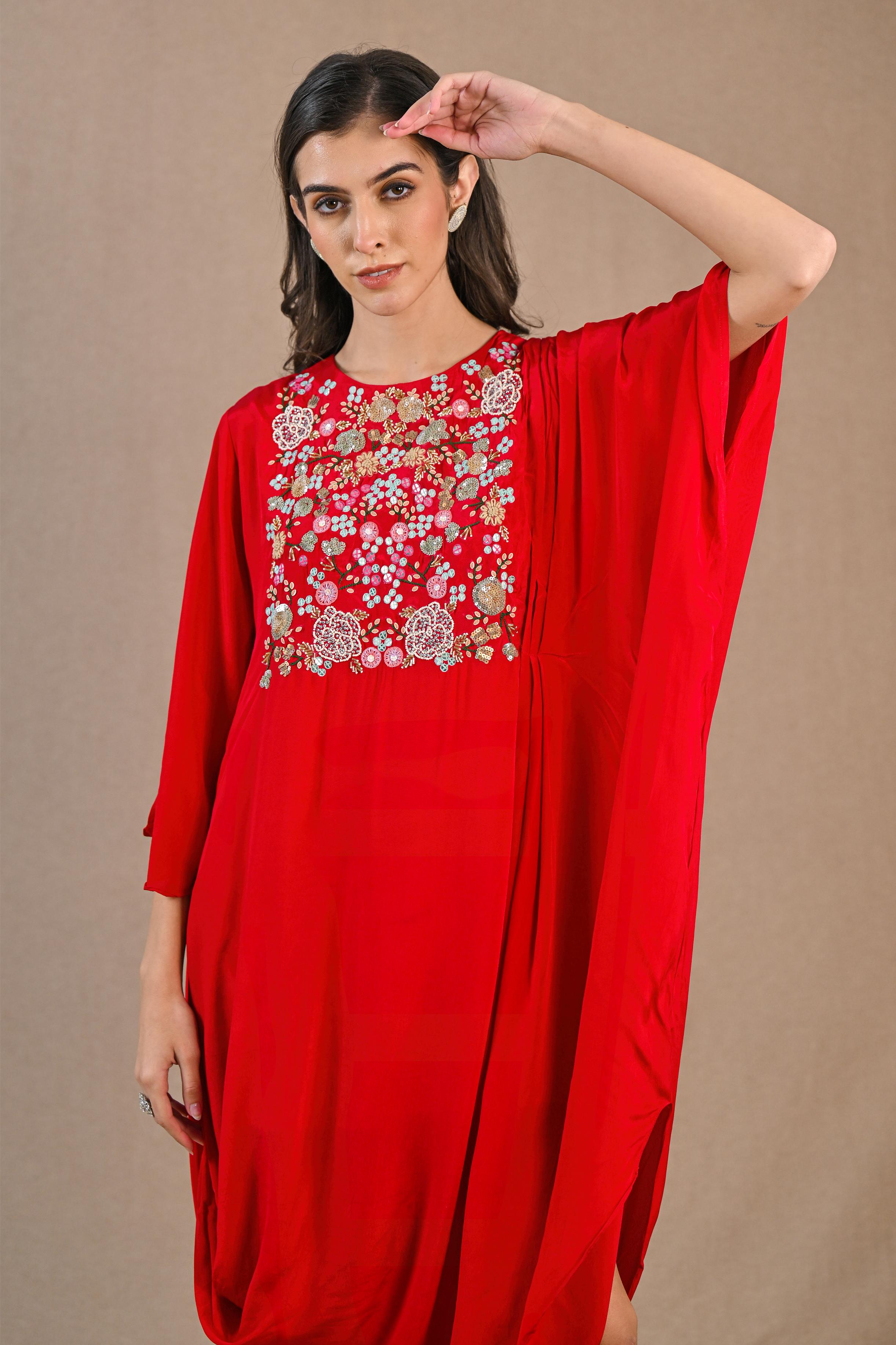 Hot Red Embroidered Crepe Silk Dress