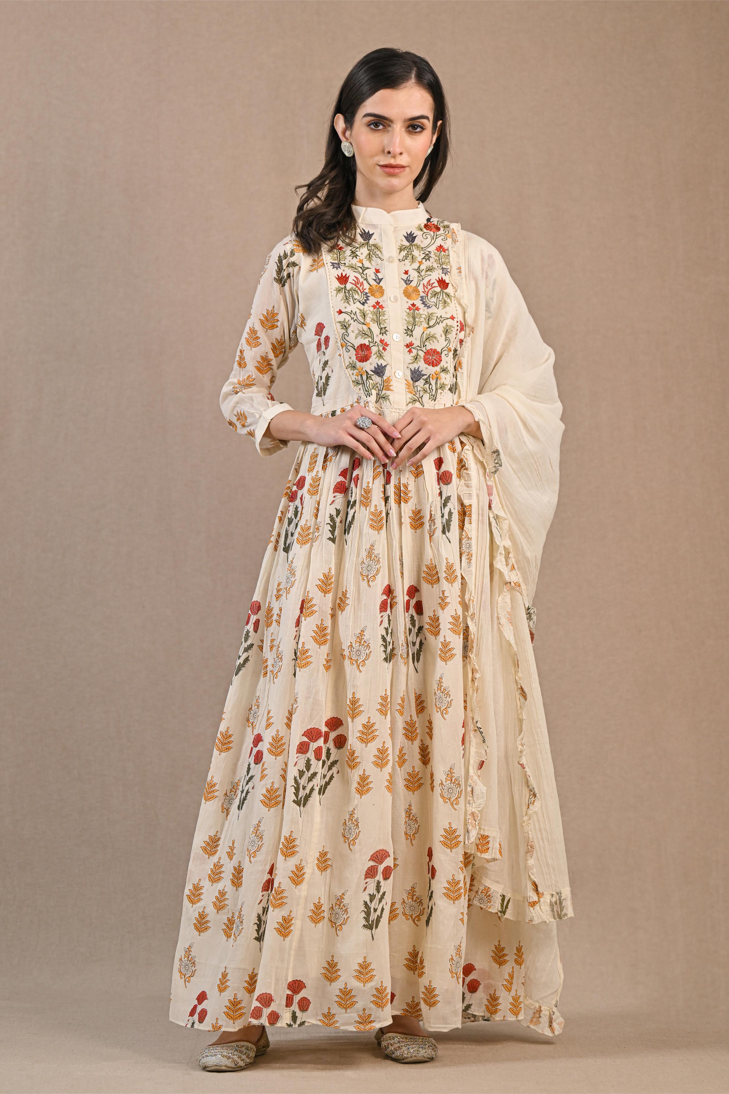 Pastel Cream Floral Printed Cotton Silk Anarkali Set