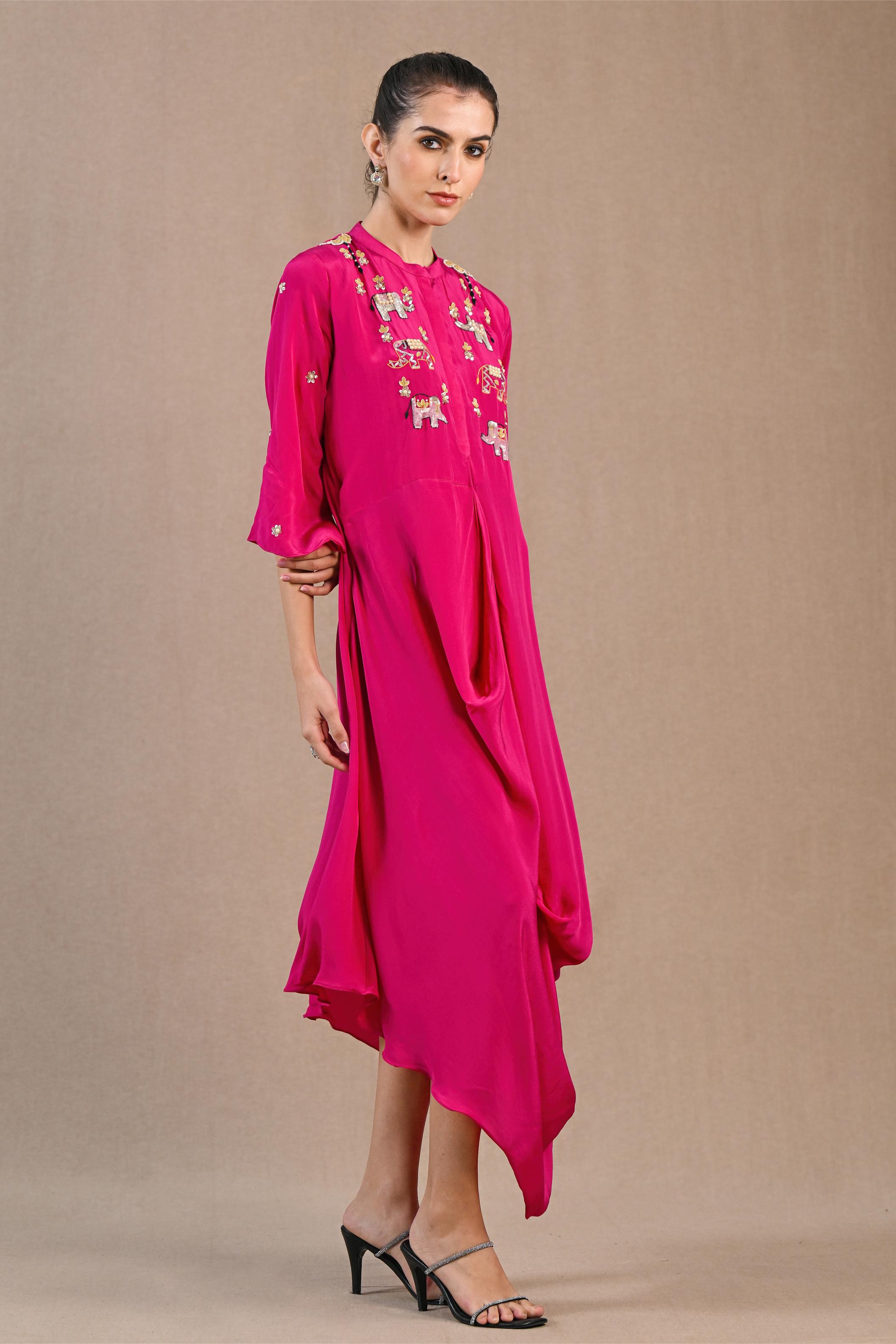 Pink Embroidered Crepe Silk Draped Gown