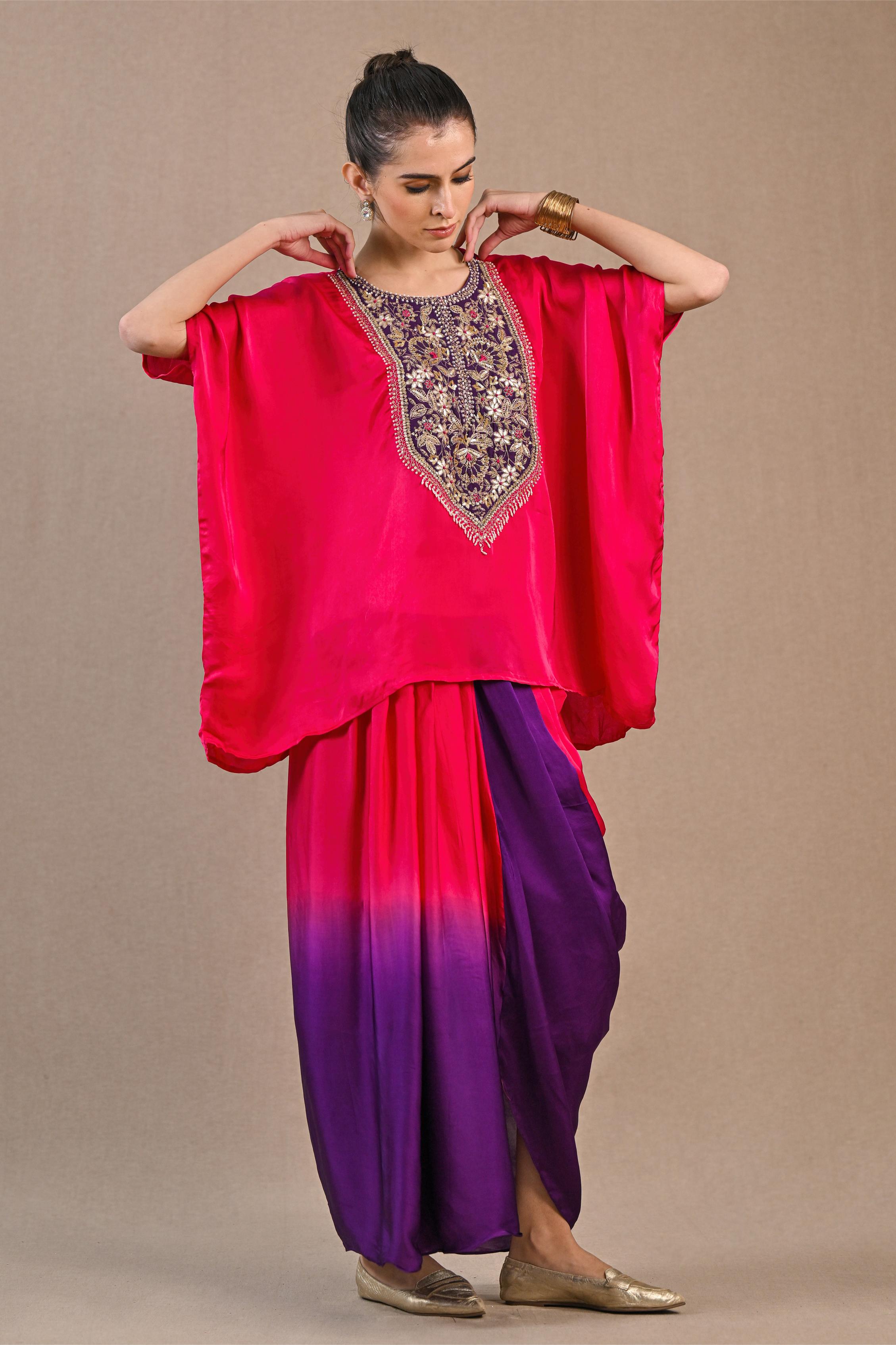 Bright Pink Ombre-Dyed Satin Silk Kaftan & Skirt Set