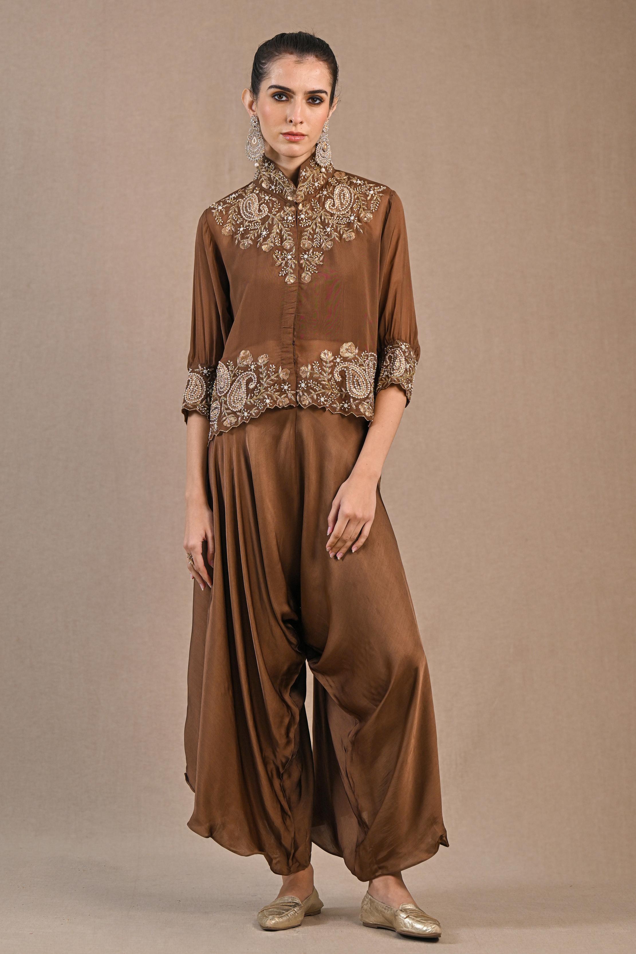 Brown Organza Silk Jacket & Palazzo Set