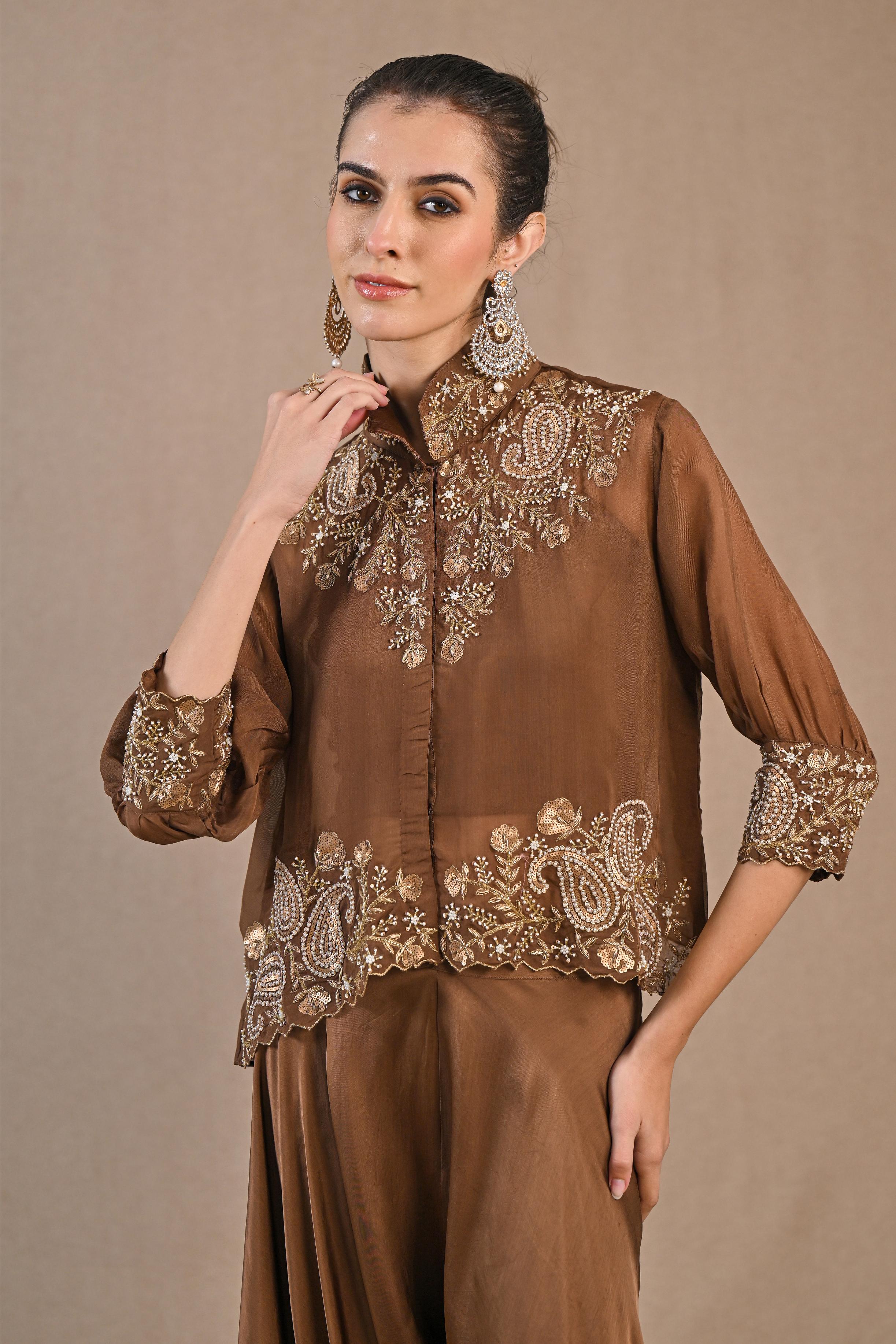 Brown Organza Silk Jacket & Palazzo Set