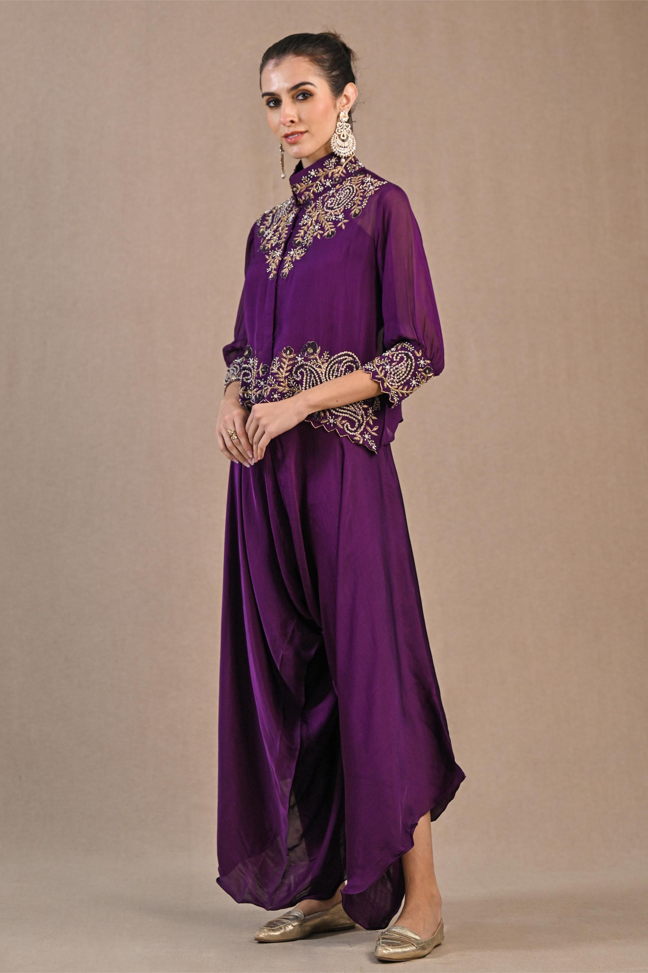 Purple Organza Silk Jacket & Palazzo Set