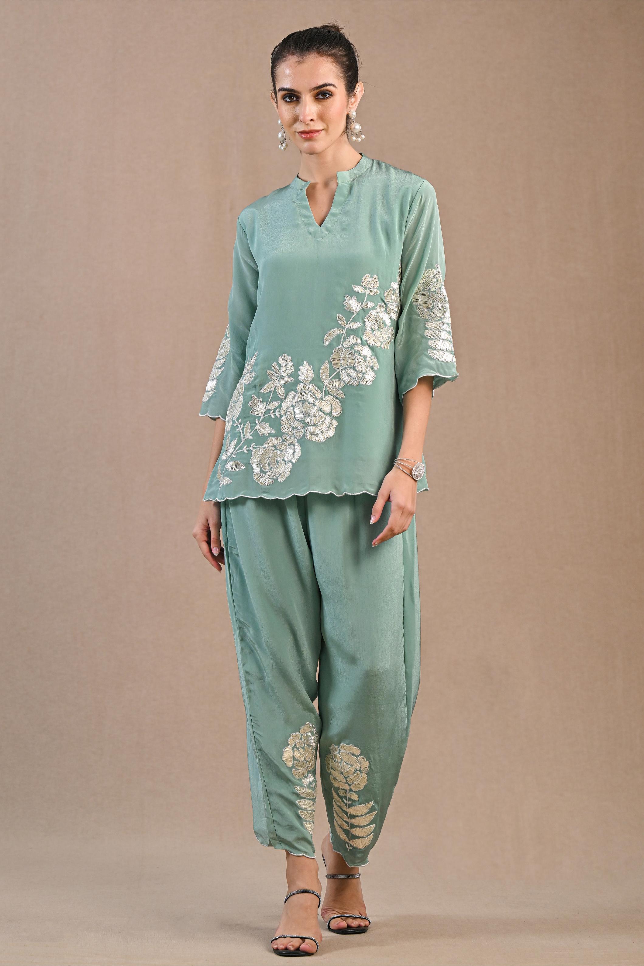 Turquoise Embellished Premium Silk Co-Ord Set