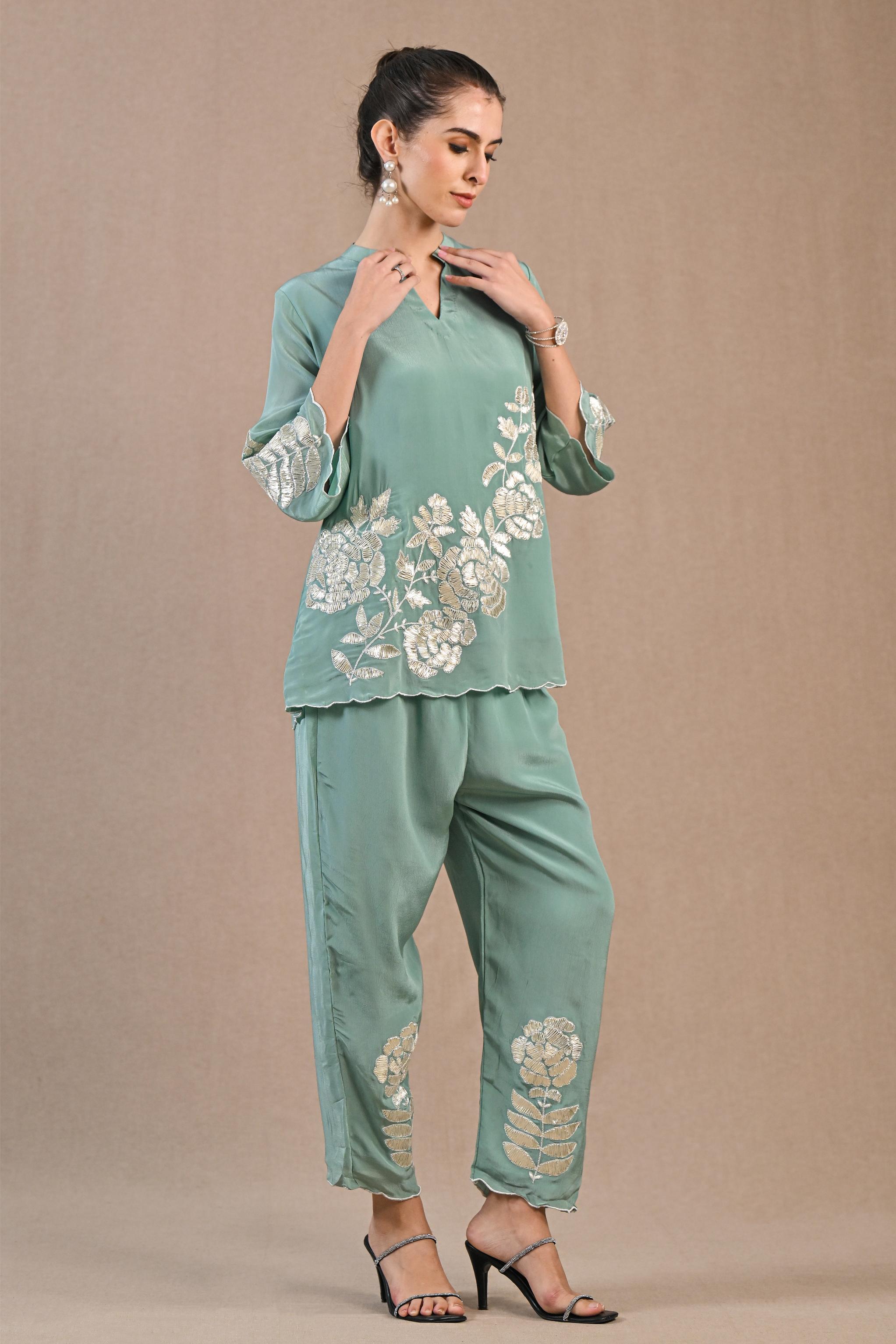 Turquoise Embellished Premium Silk Co-Ord Set