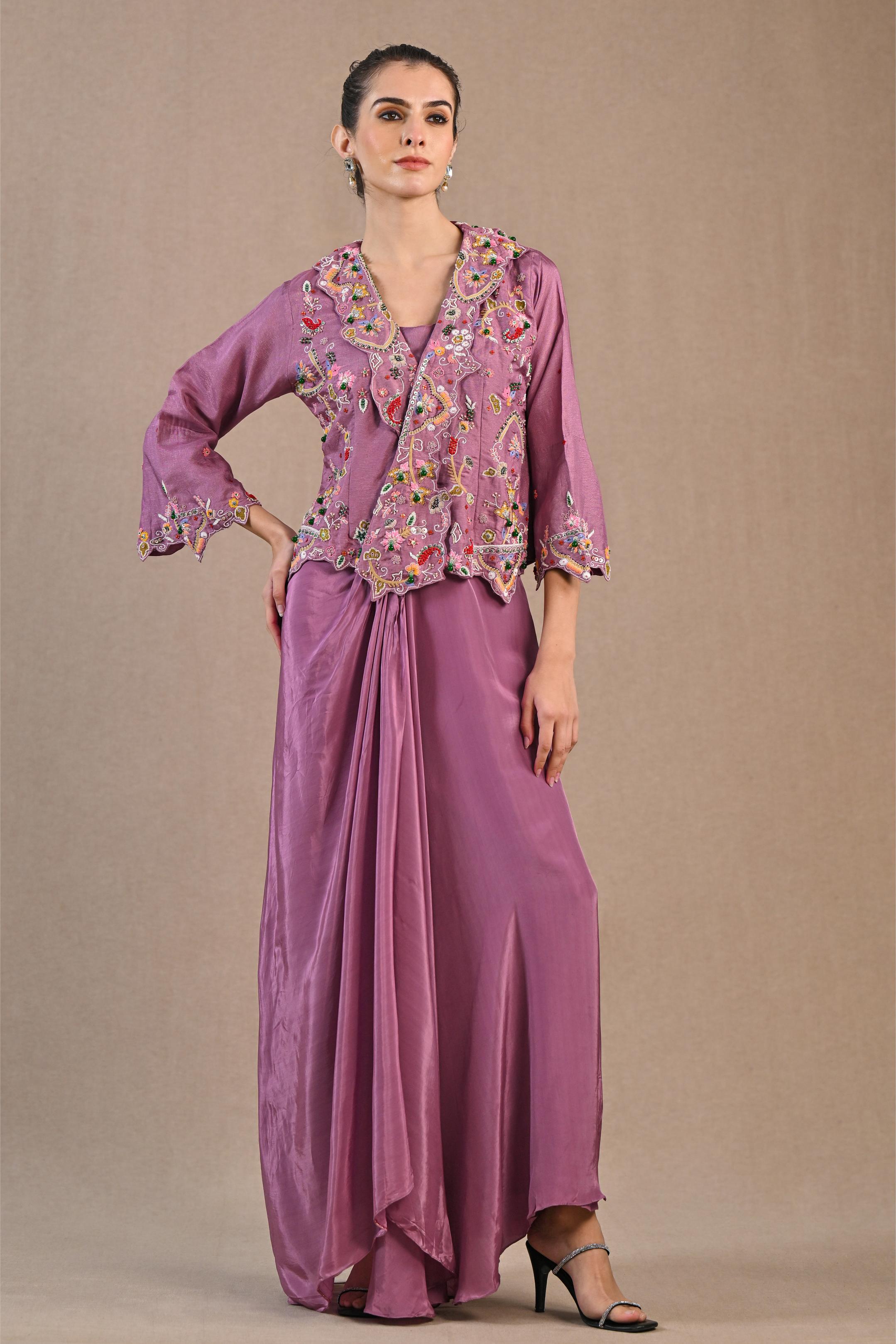 Plum Pink Embroidered Satin Silk Skirt Set