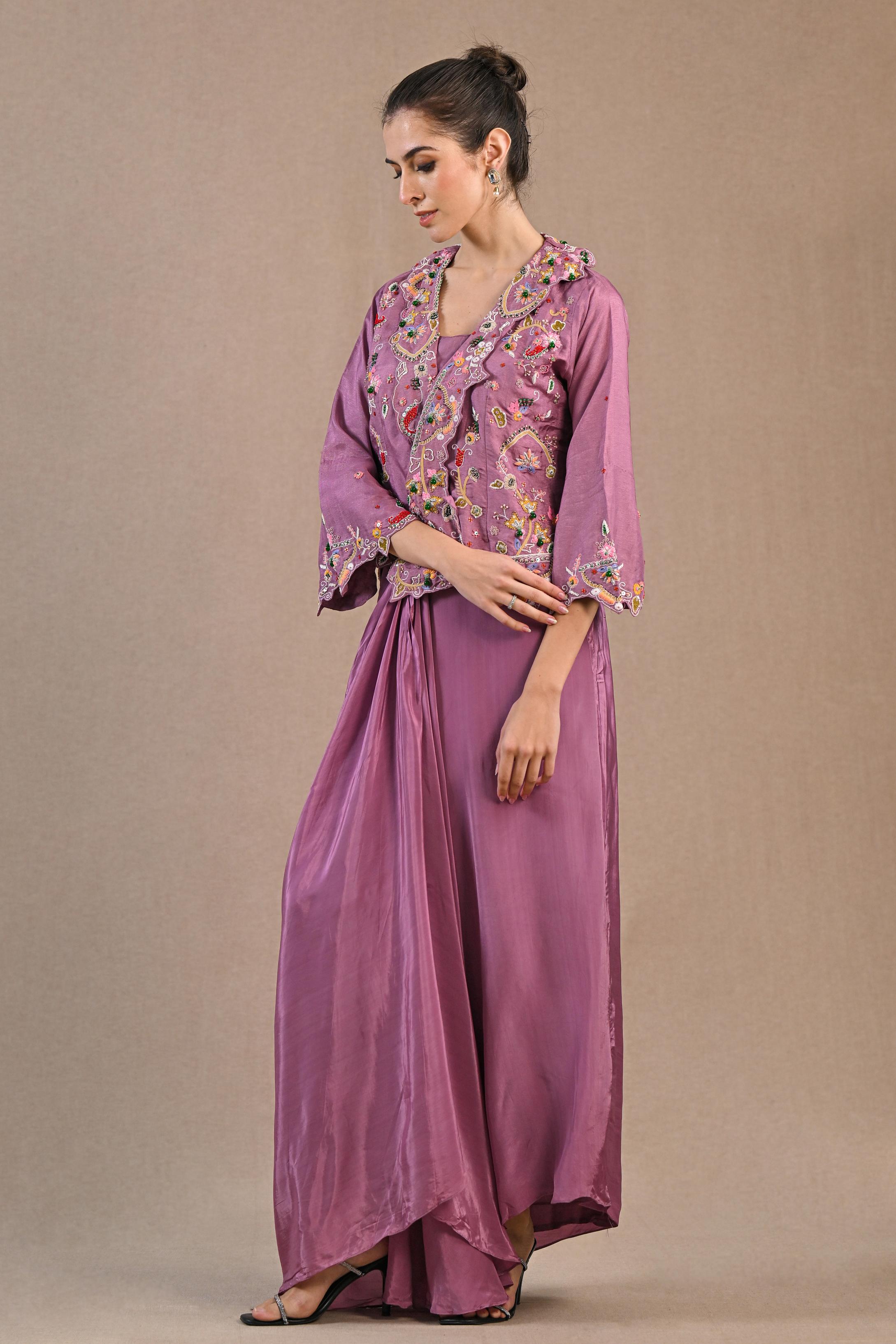 Plum Pink Embroidered Satin Silk Skirt Set