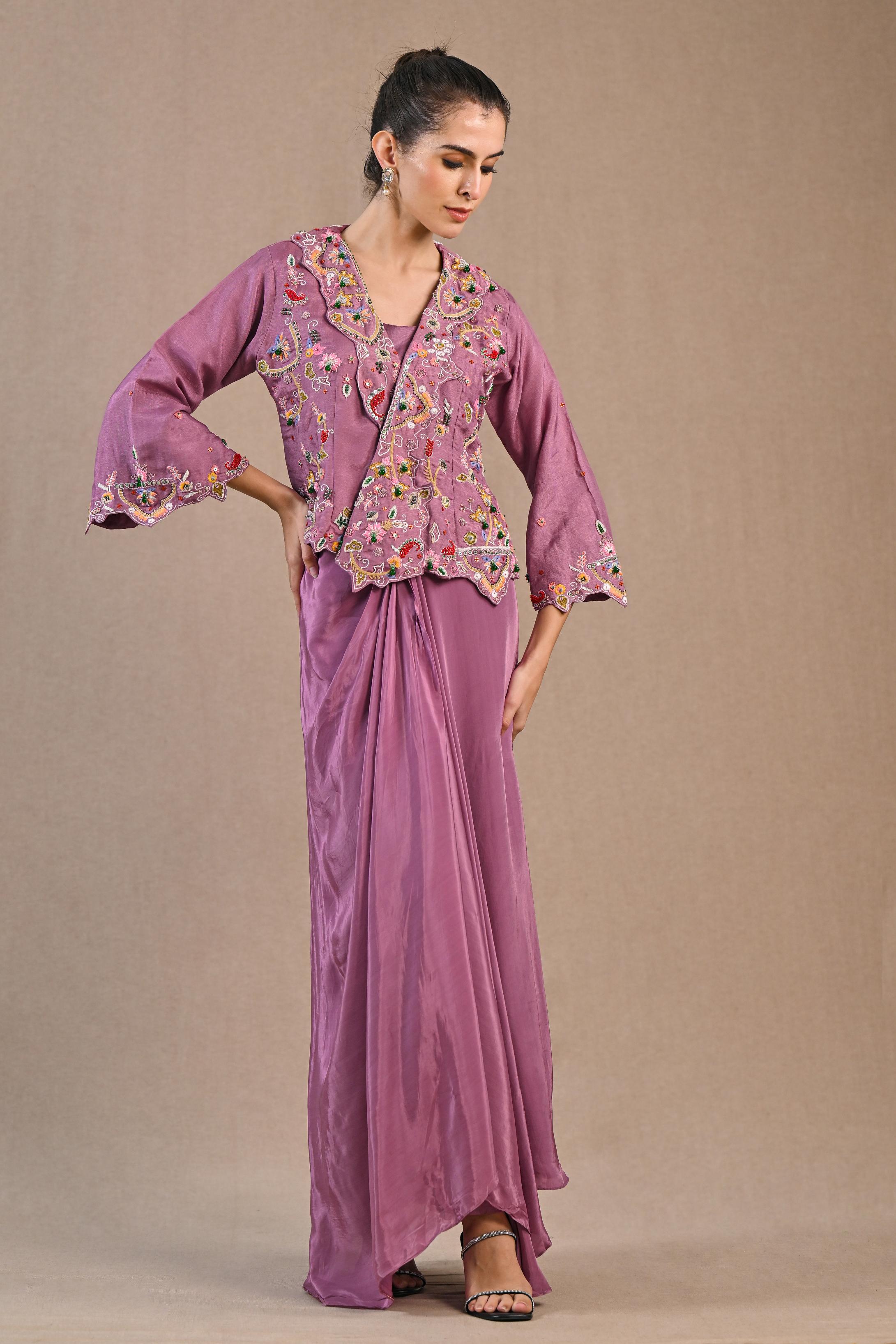 Plum Pink Embroidered Satin Silk Skirt Set