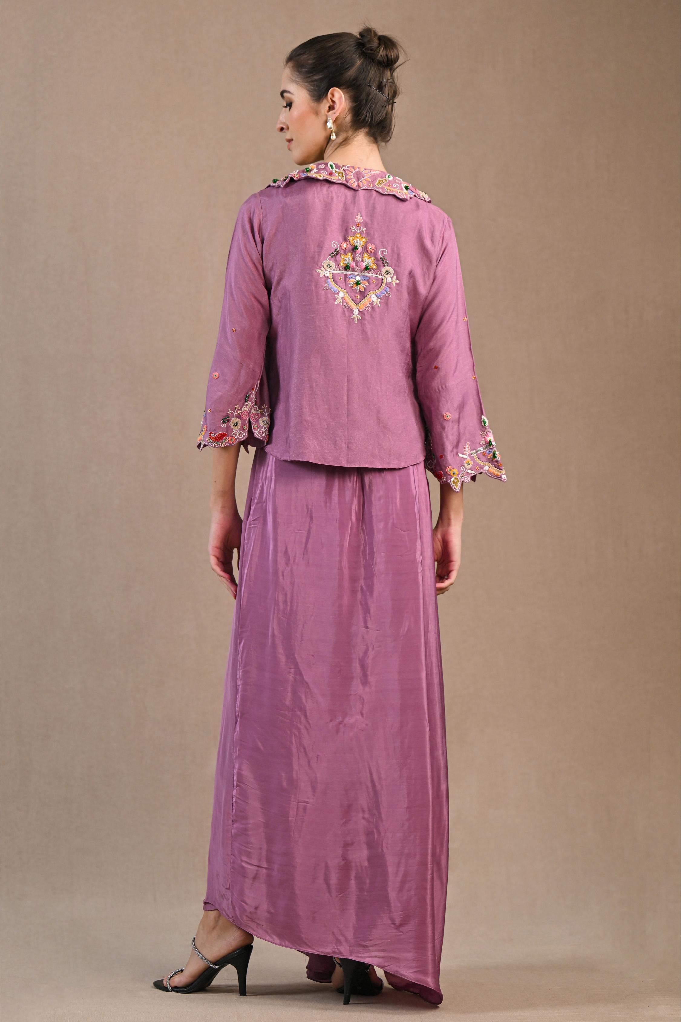 Plum Pink Embroidered Satin Silk Skirt Set