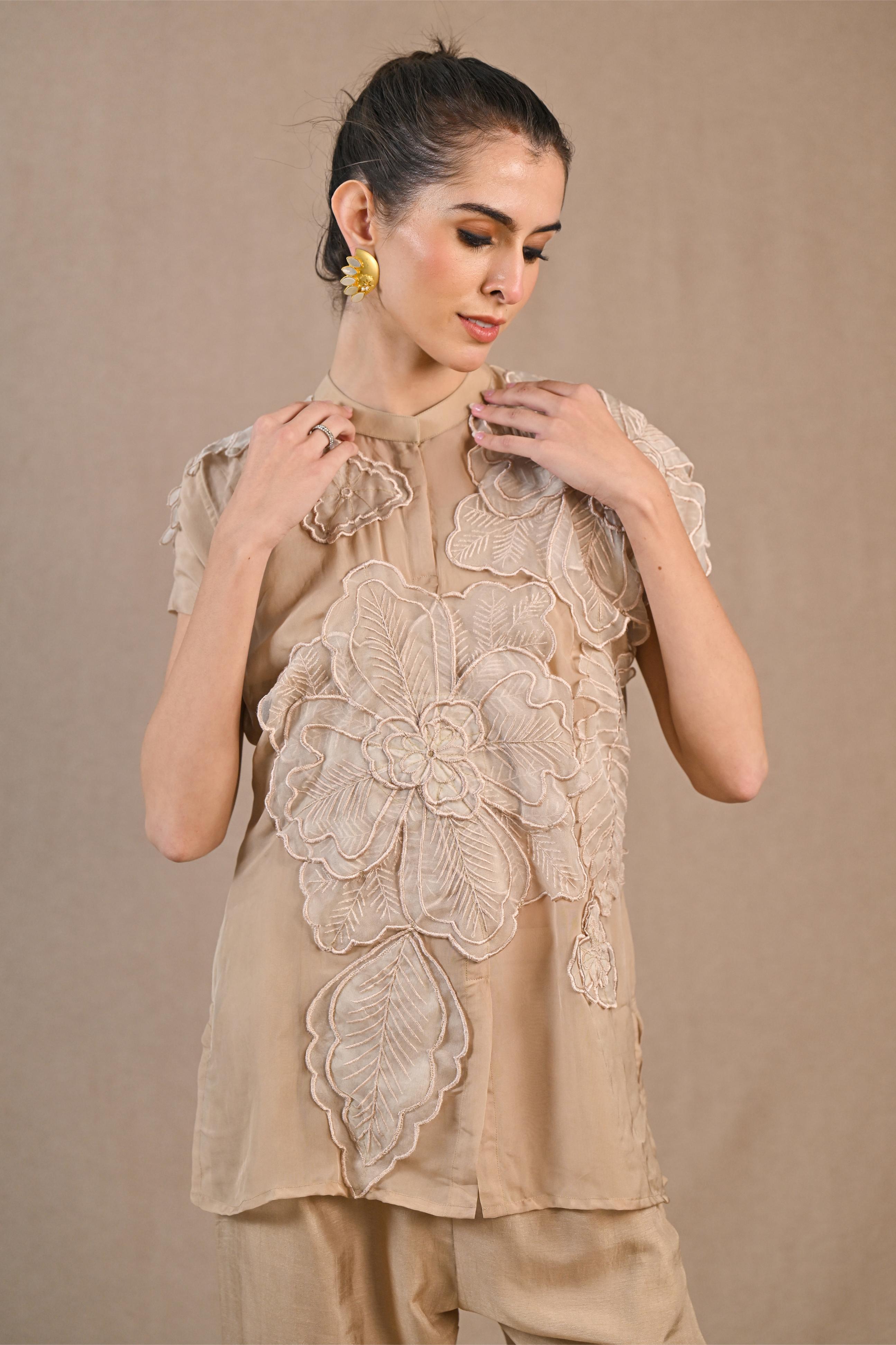 Beige Floral Embroidered Organza Silk Co-Ord Set