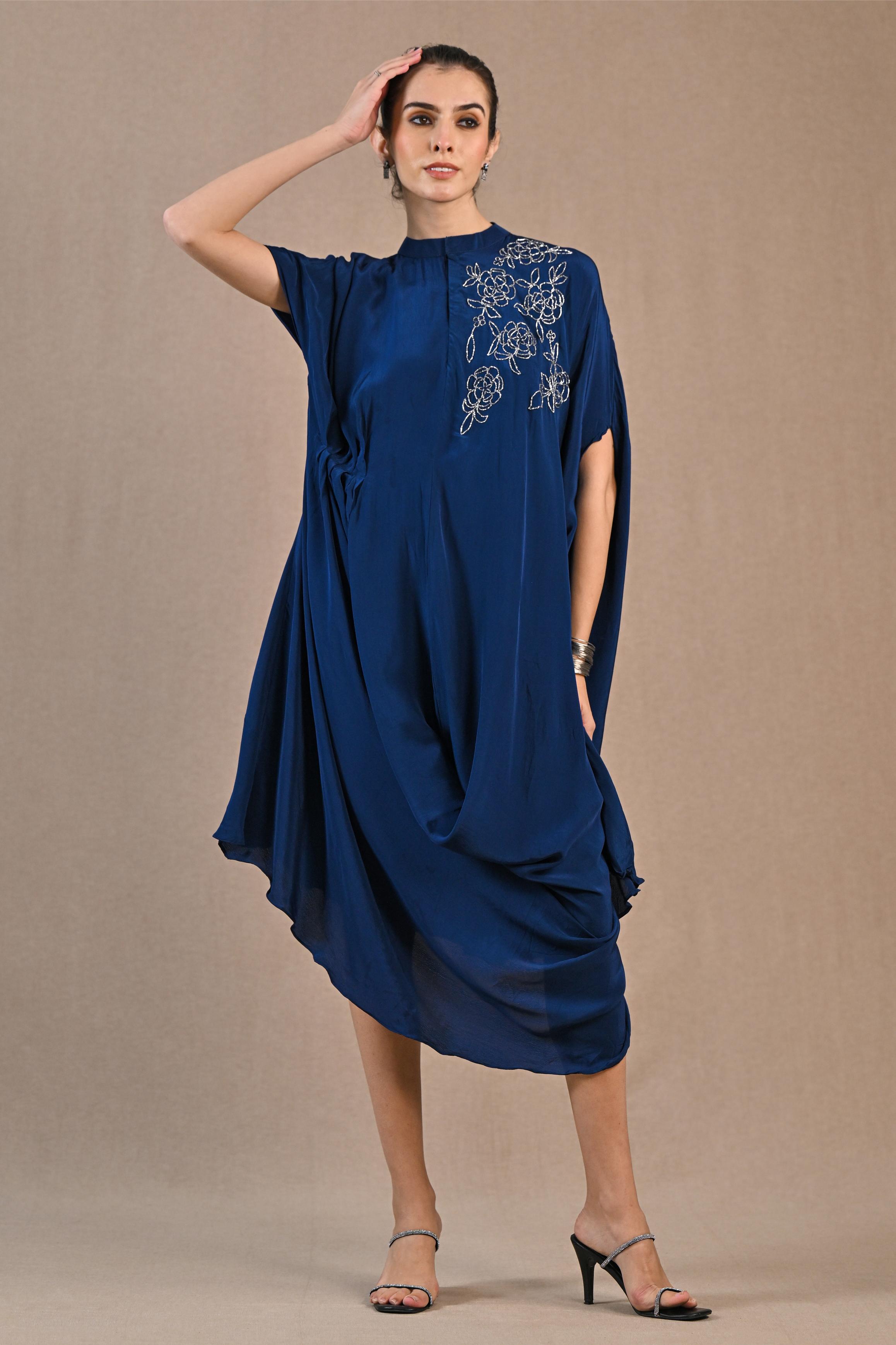 Blue Embroidered Premium Silk Kaftan Dress