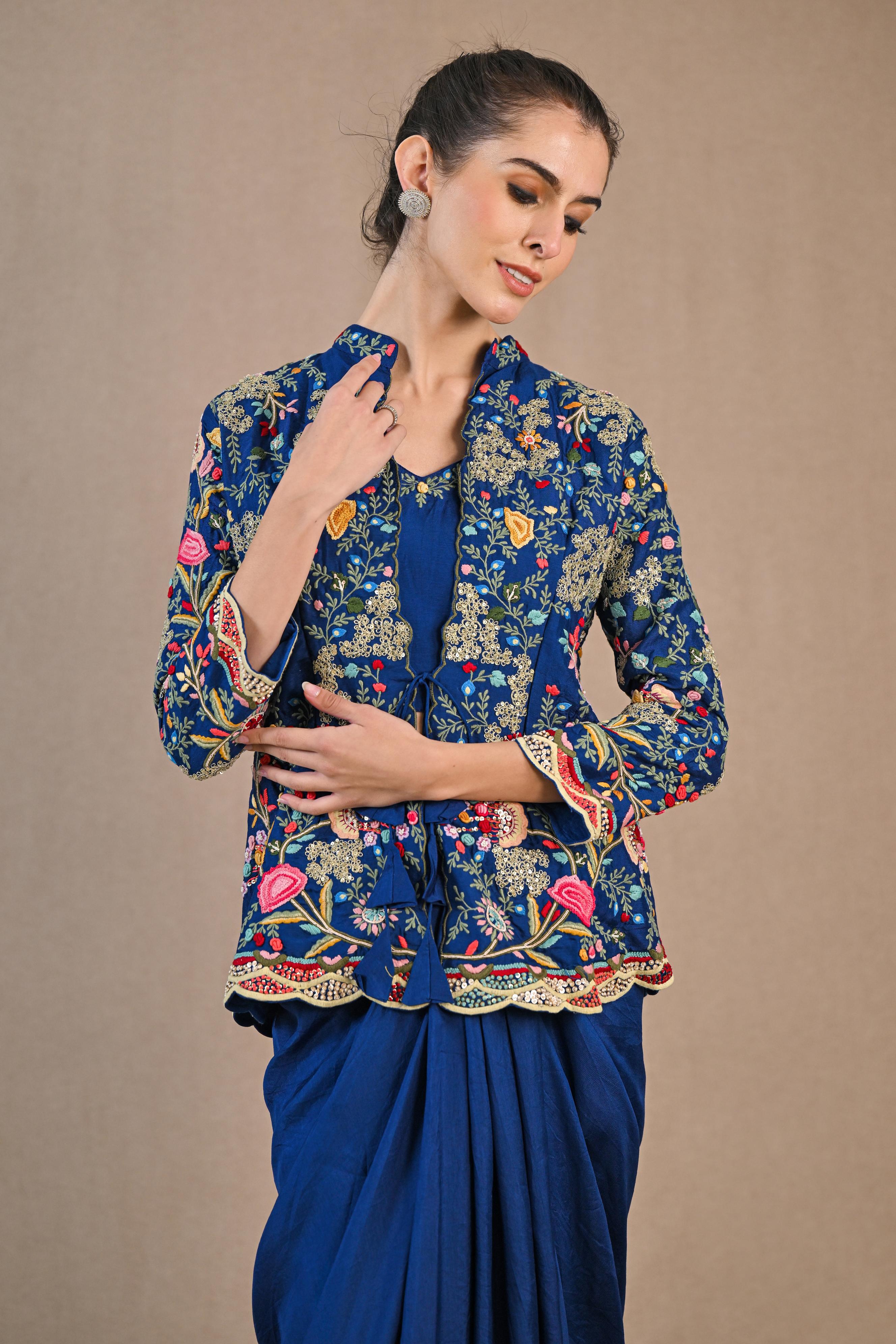 Blue Floral Embroidered Raw Silk Skirt Set