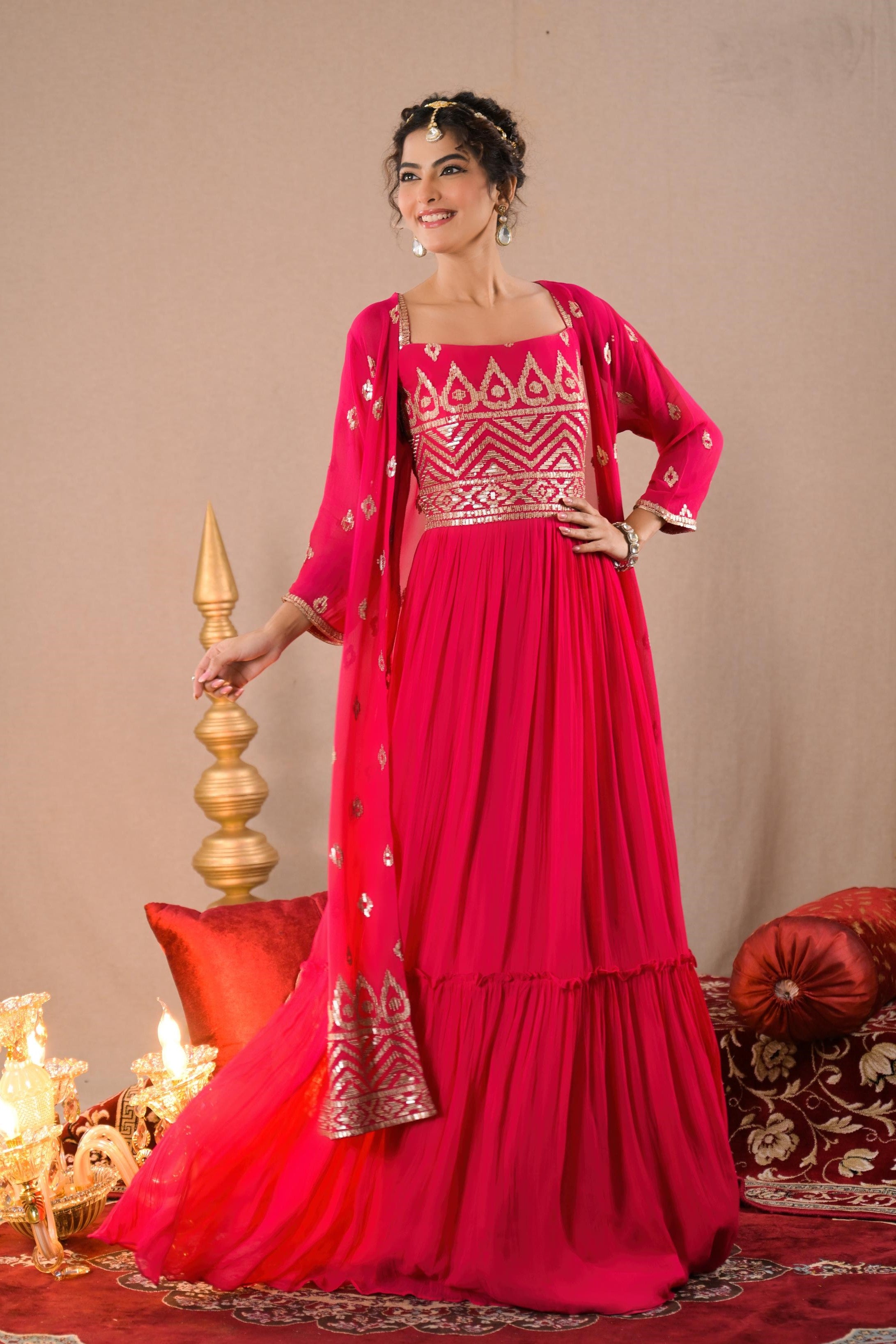 Rani Pink Sequin Embroidered Georgette Silk Cape Gown