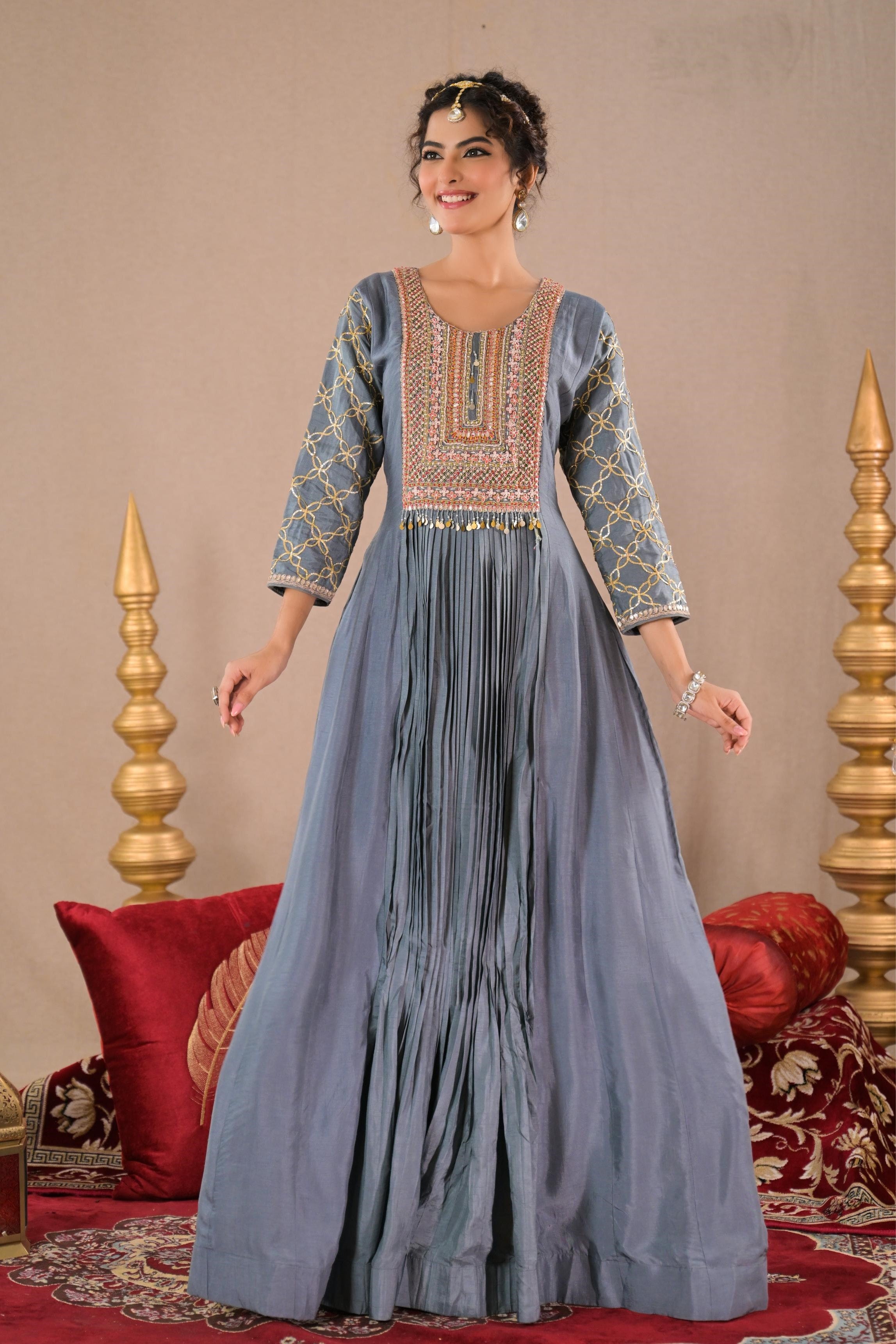 Slate Grey Embroidered Raw Silk Gown