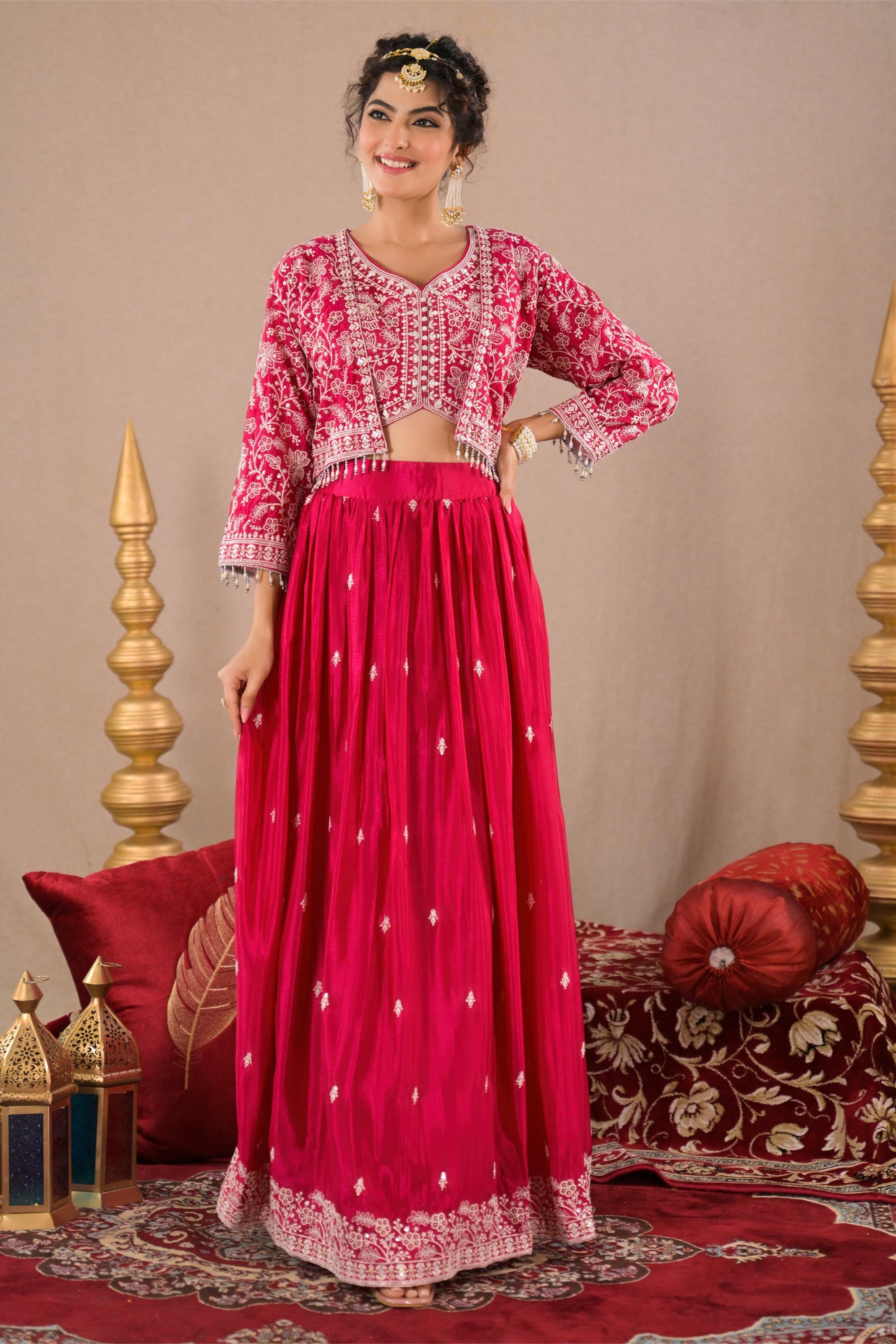 Pink Embroidered Italian Silk Jacket Skirt Set