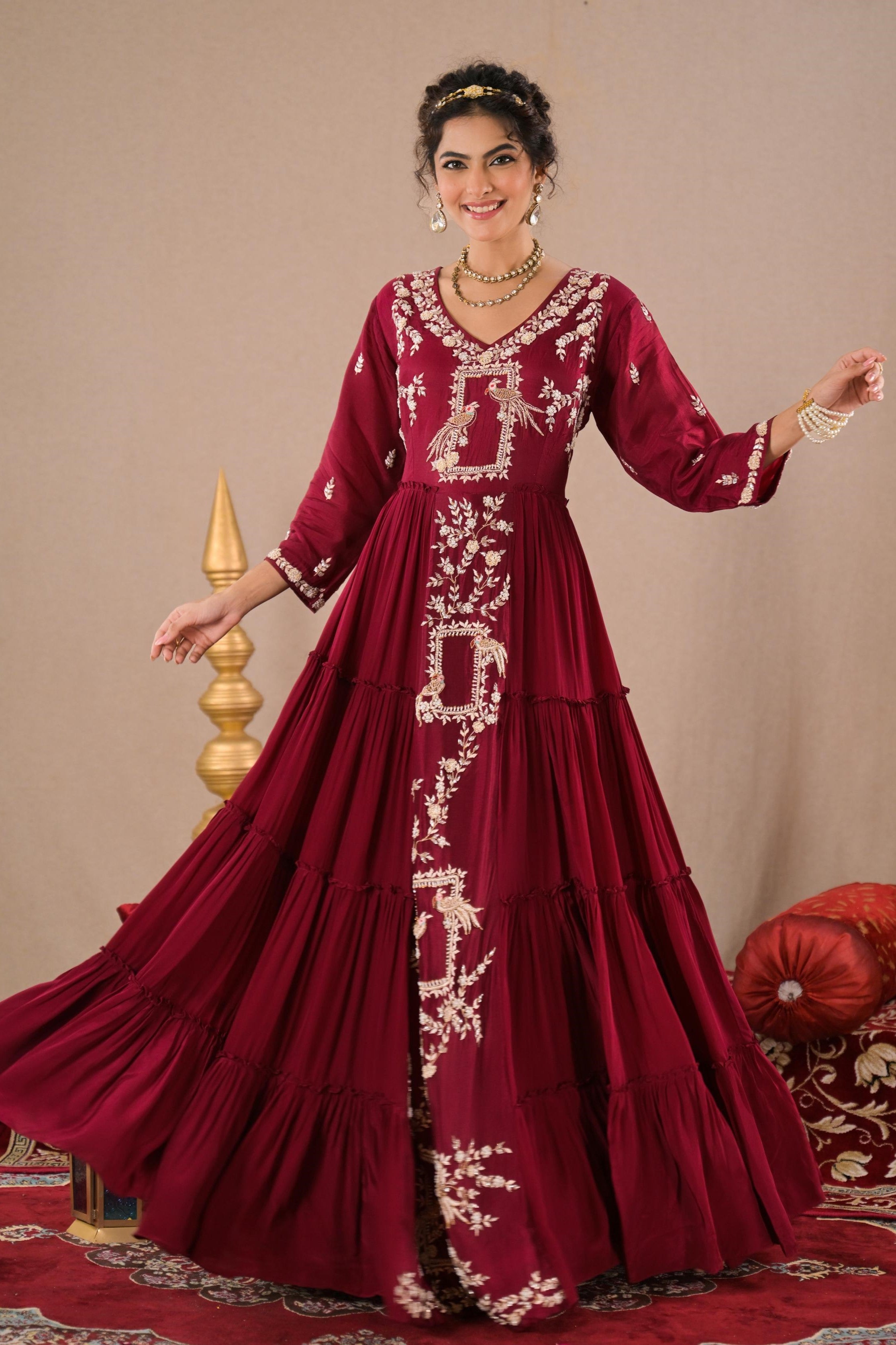 Royal Maroon Embroidered Italian Silk Gown