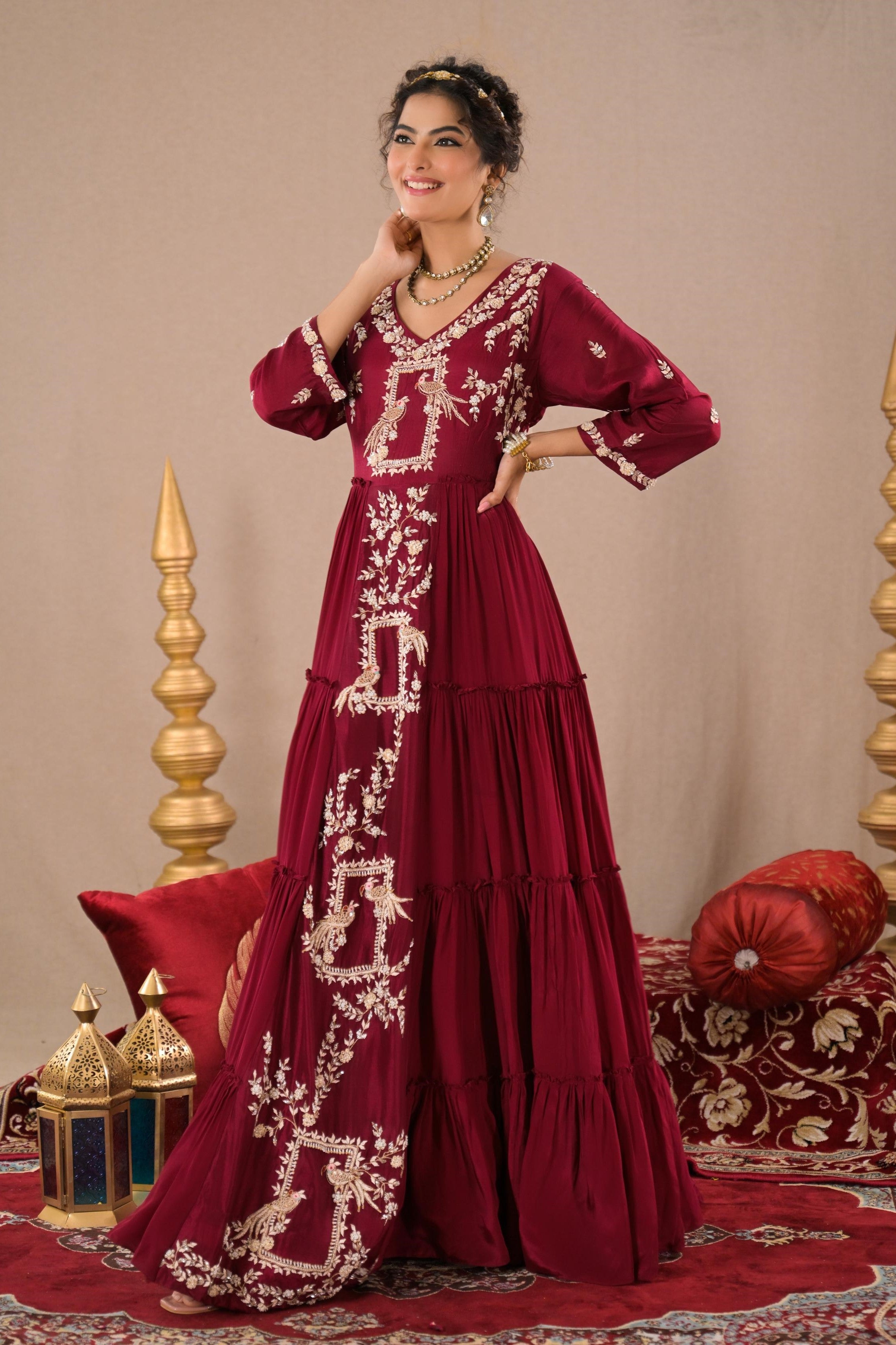 Royal Maroon Embroidered Italian Silk Gown