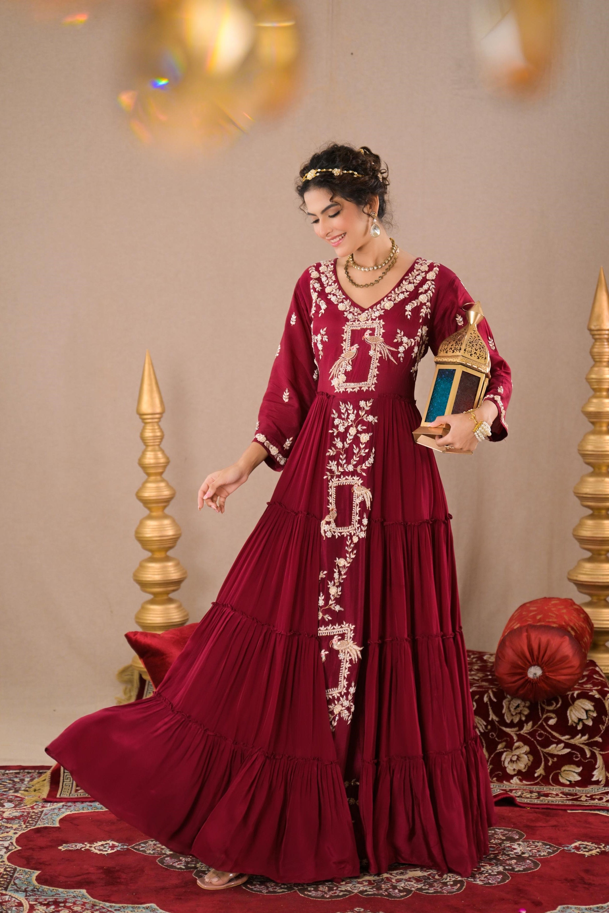 Royal Maroon Embroidered Italian Silk Gown