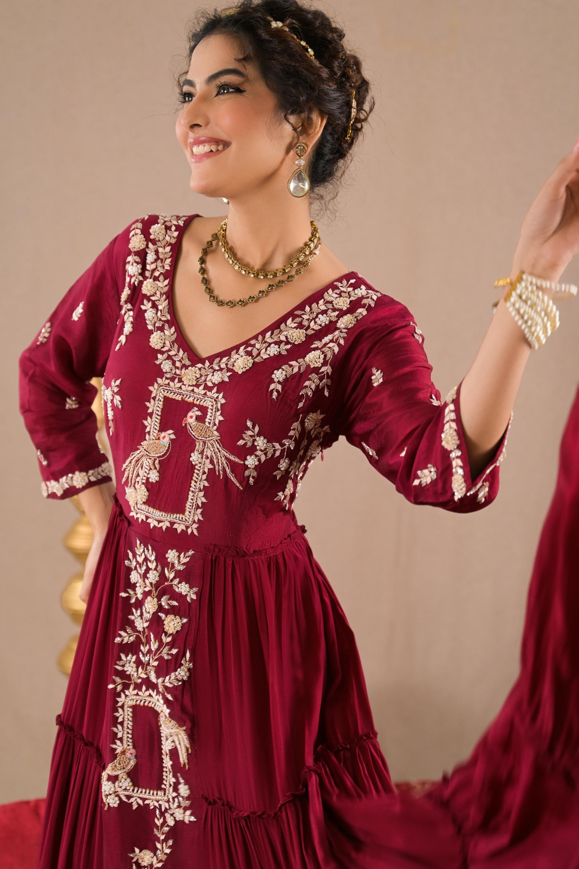 Royal Maroon Embroidered Italian Silk Gown