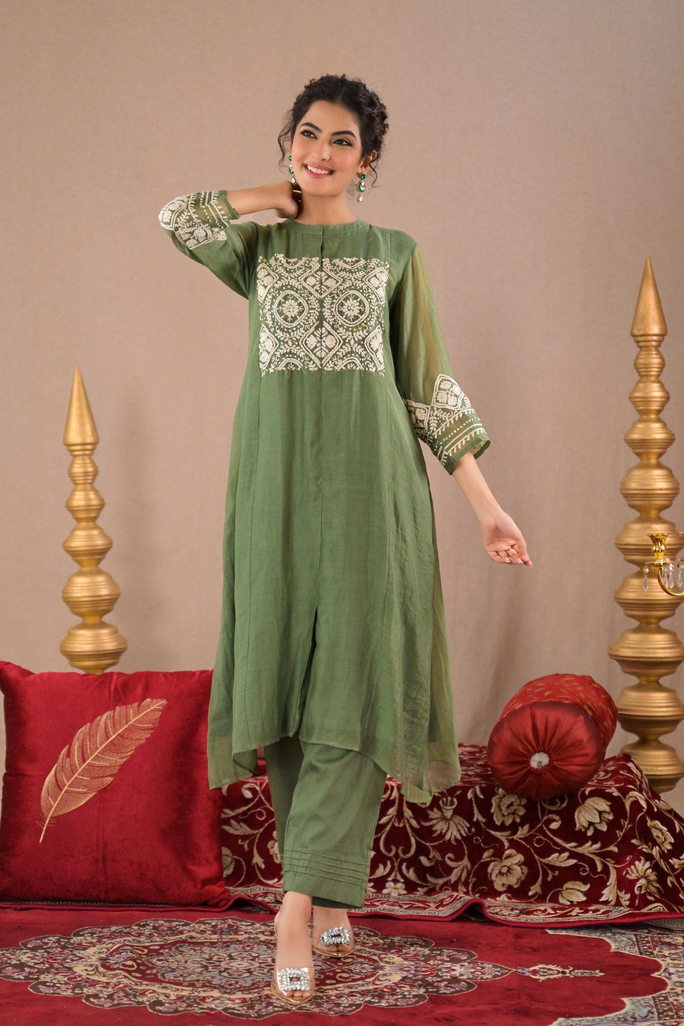 Light Green Embroidered Italian Tissue Silk Kurta Set