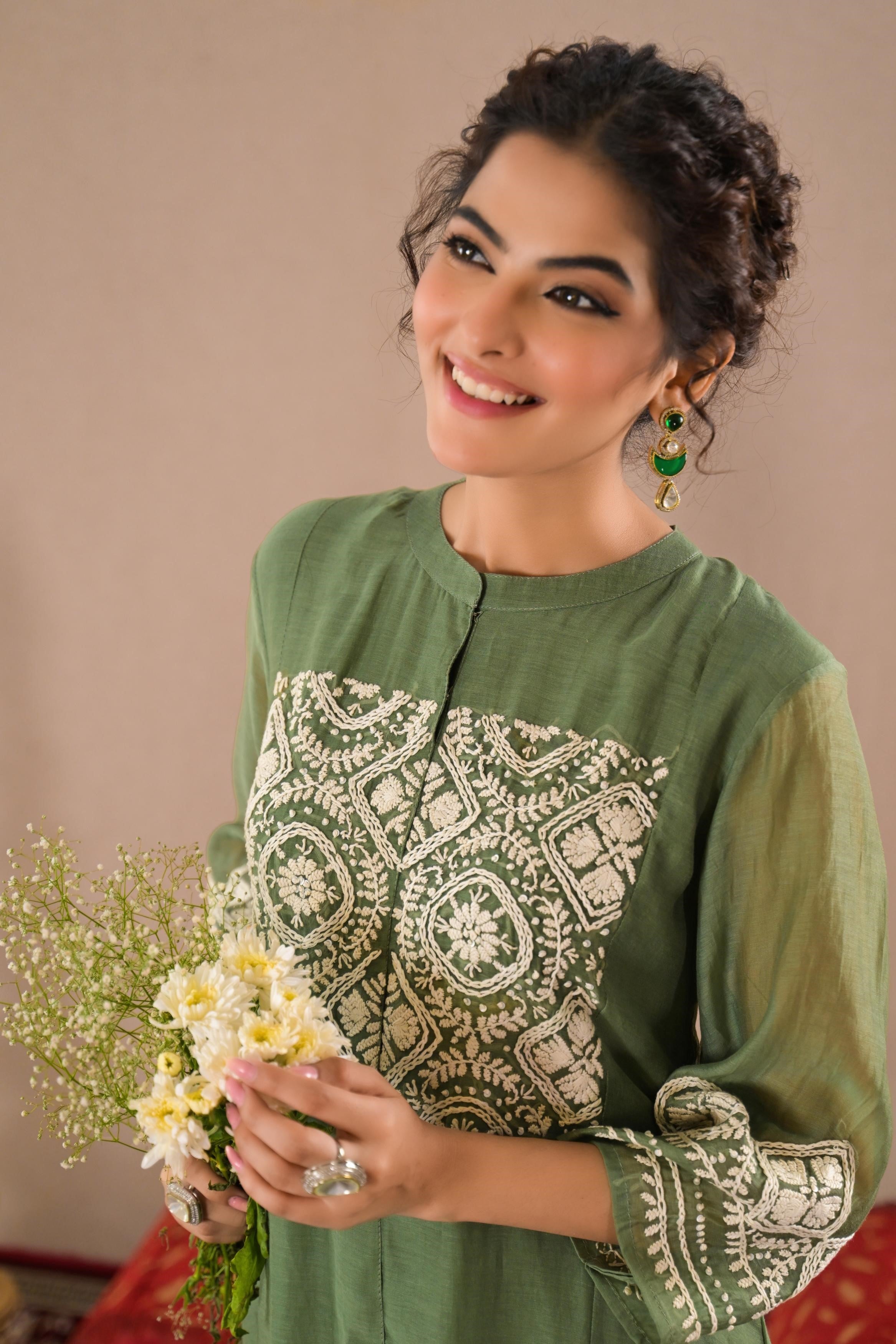 Light Green Embroidered Italian Tissue Silk Kurta Set