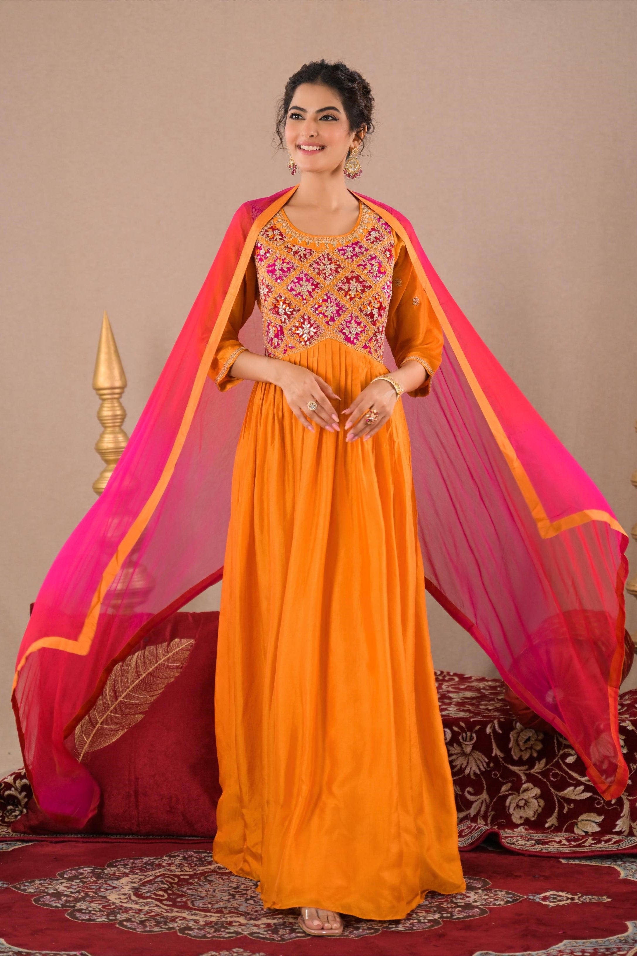 Orange Embroidered Italian Organza Silk Anarkali Set