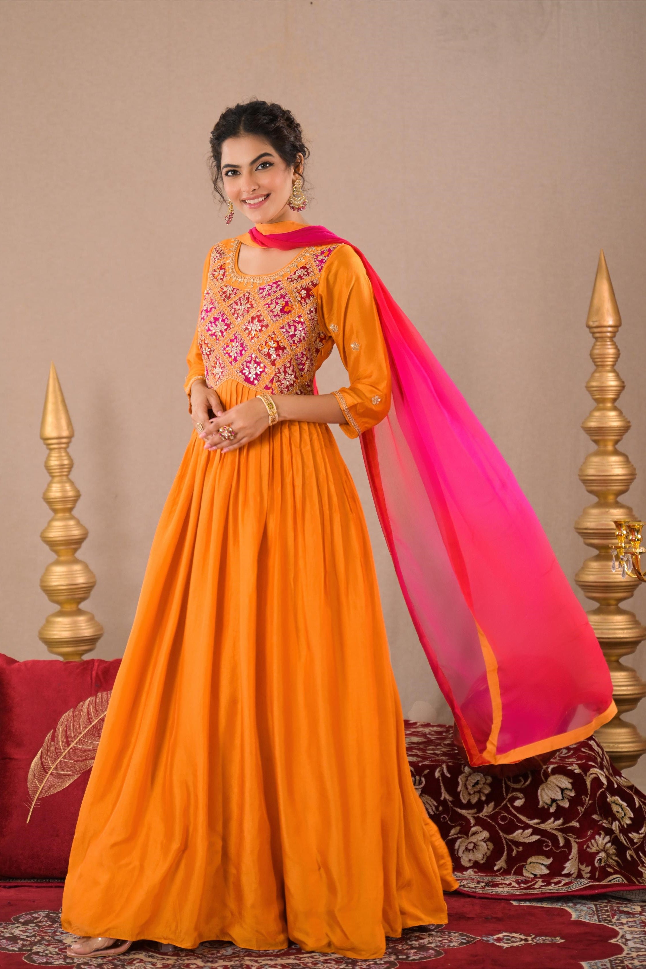 Orange Embroidered Italian Organza Silk Anarkali Set