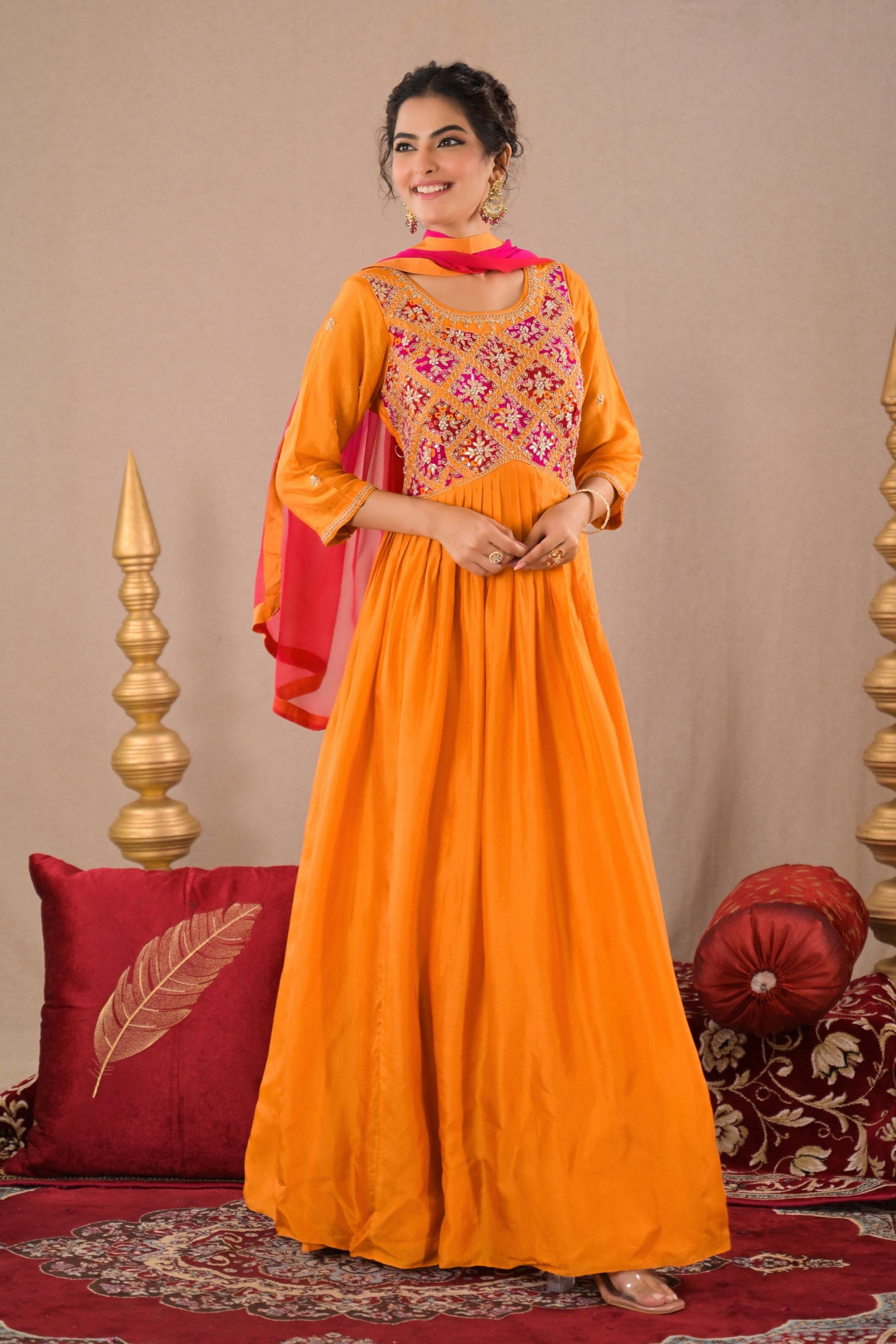 Orange Embroidered Italian Organza Silk Anarkali Set