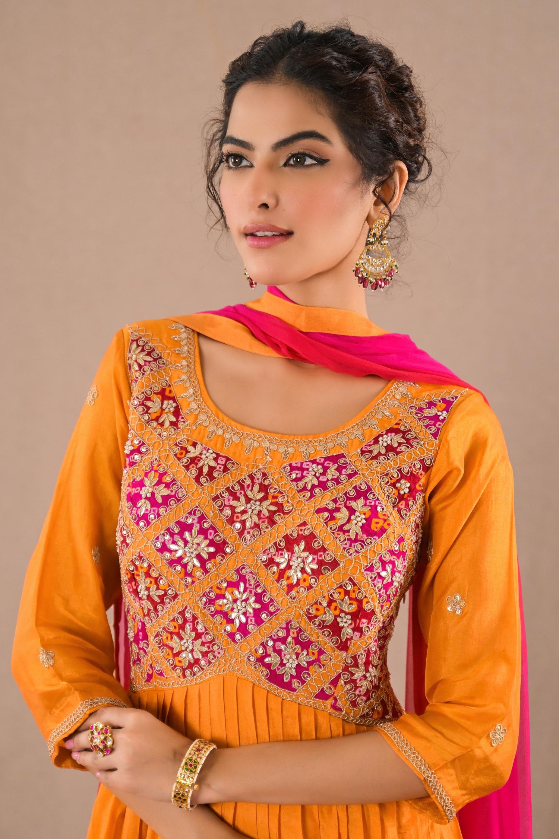 Orange Embroidered Italian Organza Silk Anarkali Set