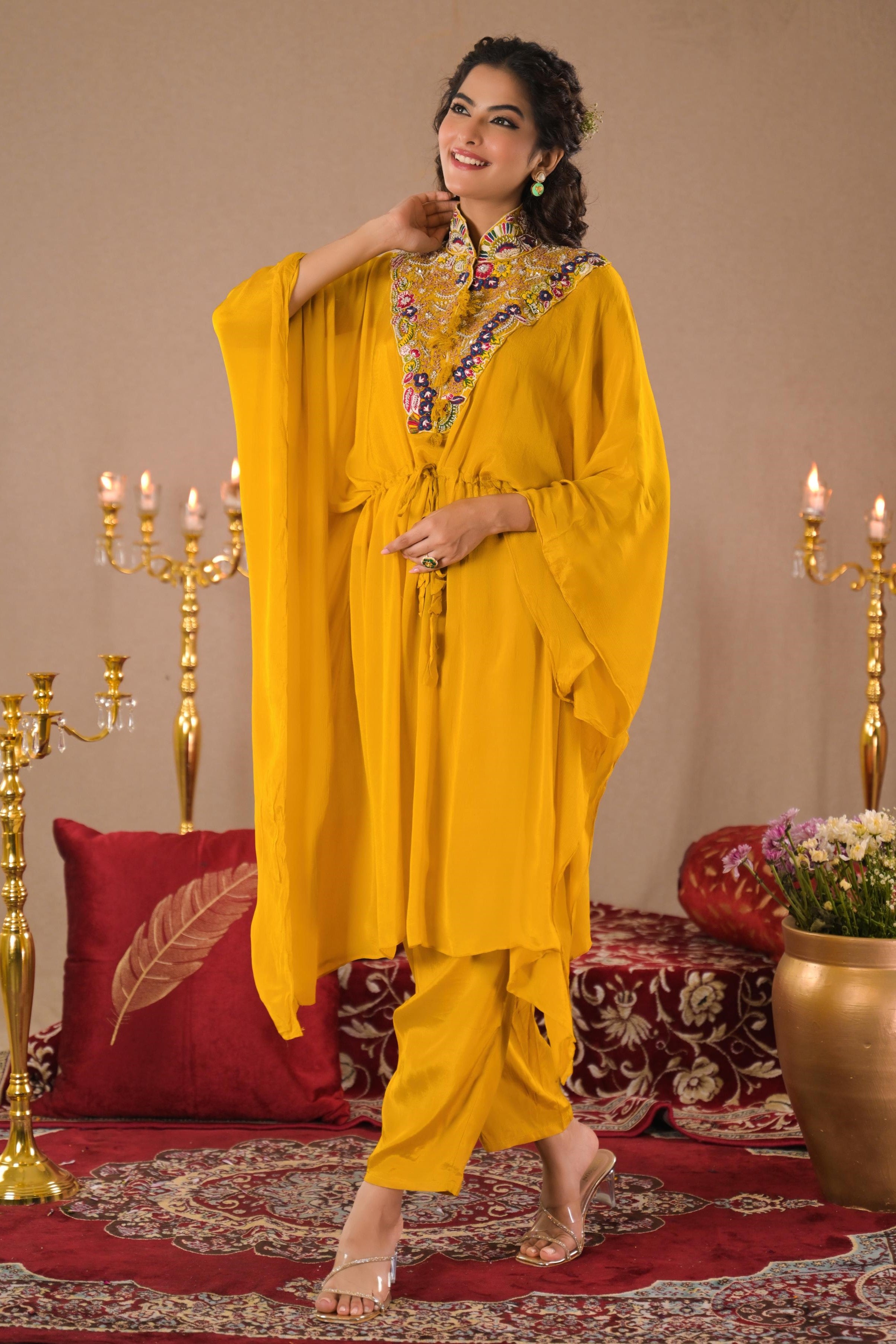 Festive Yellow Embroidered Chinon Silk Kaftan Set