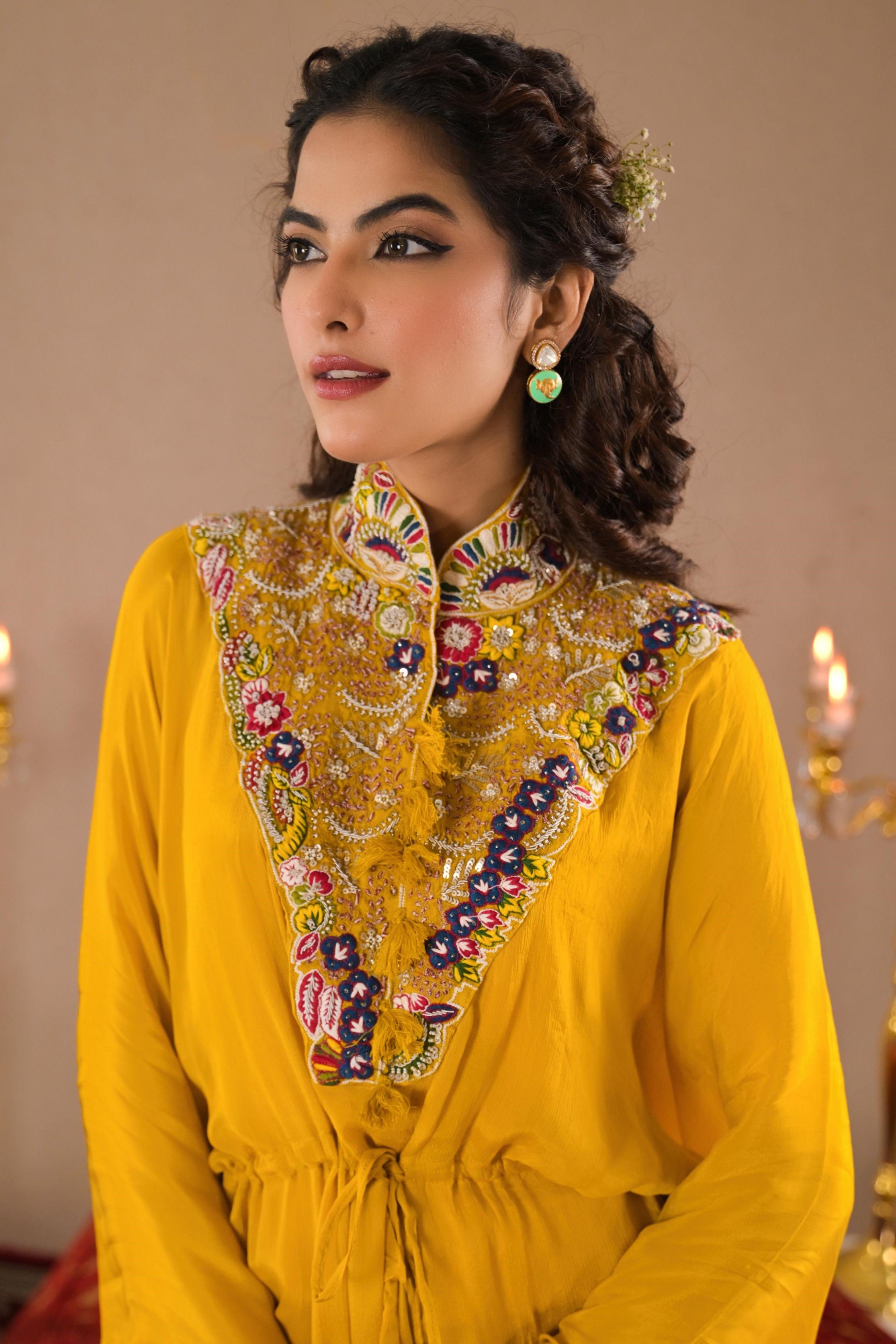 Festive Yellow Embroidered Chinon Silk Kaftan Set