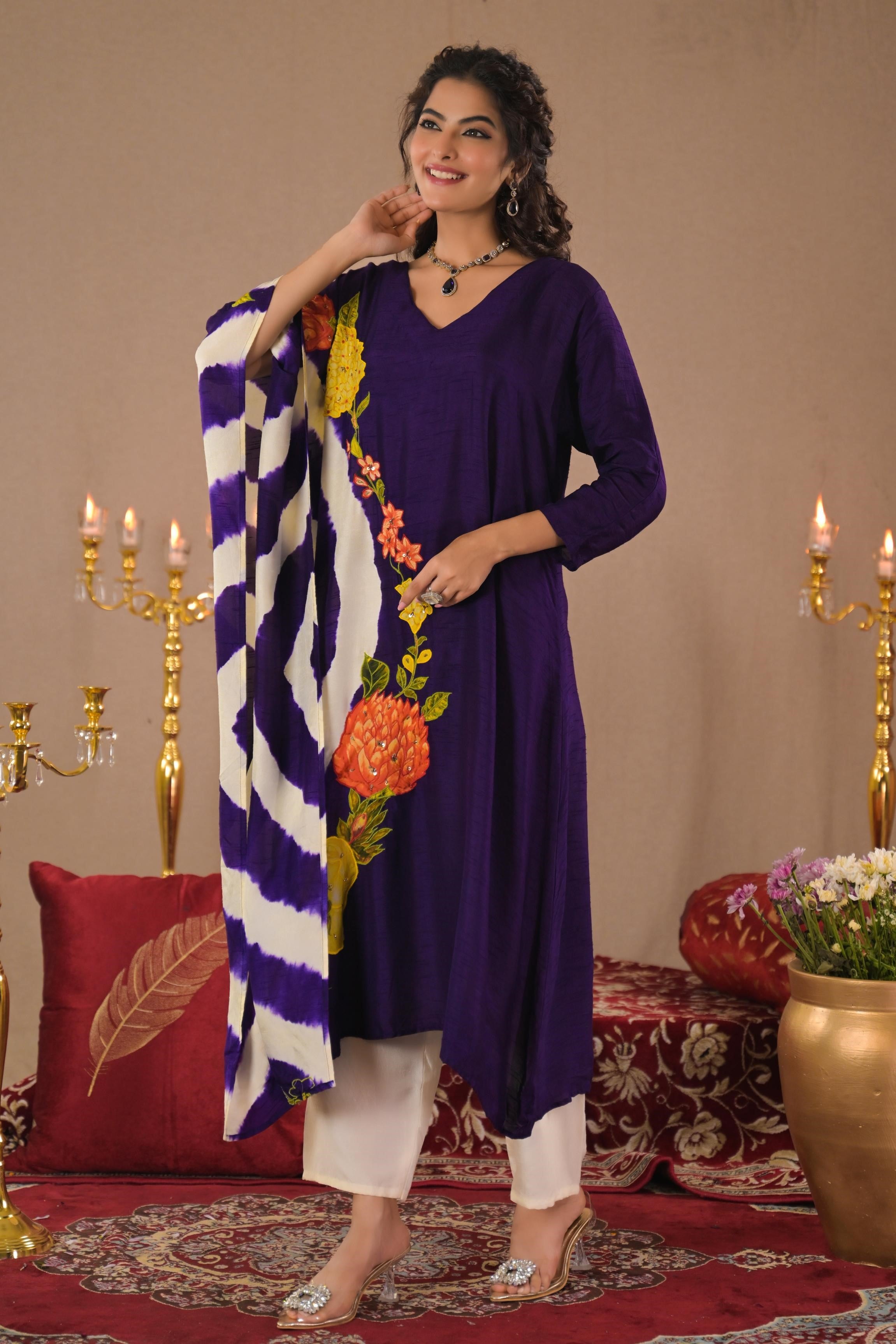 Purple Leheriya Printed Raw Silk Kurta Set