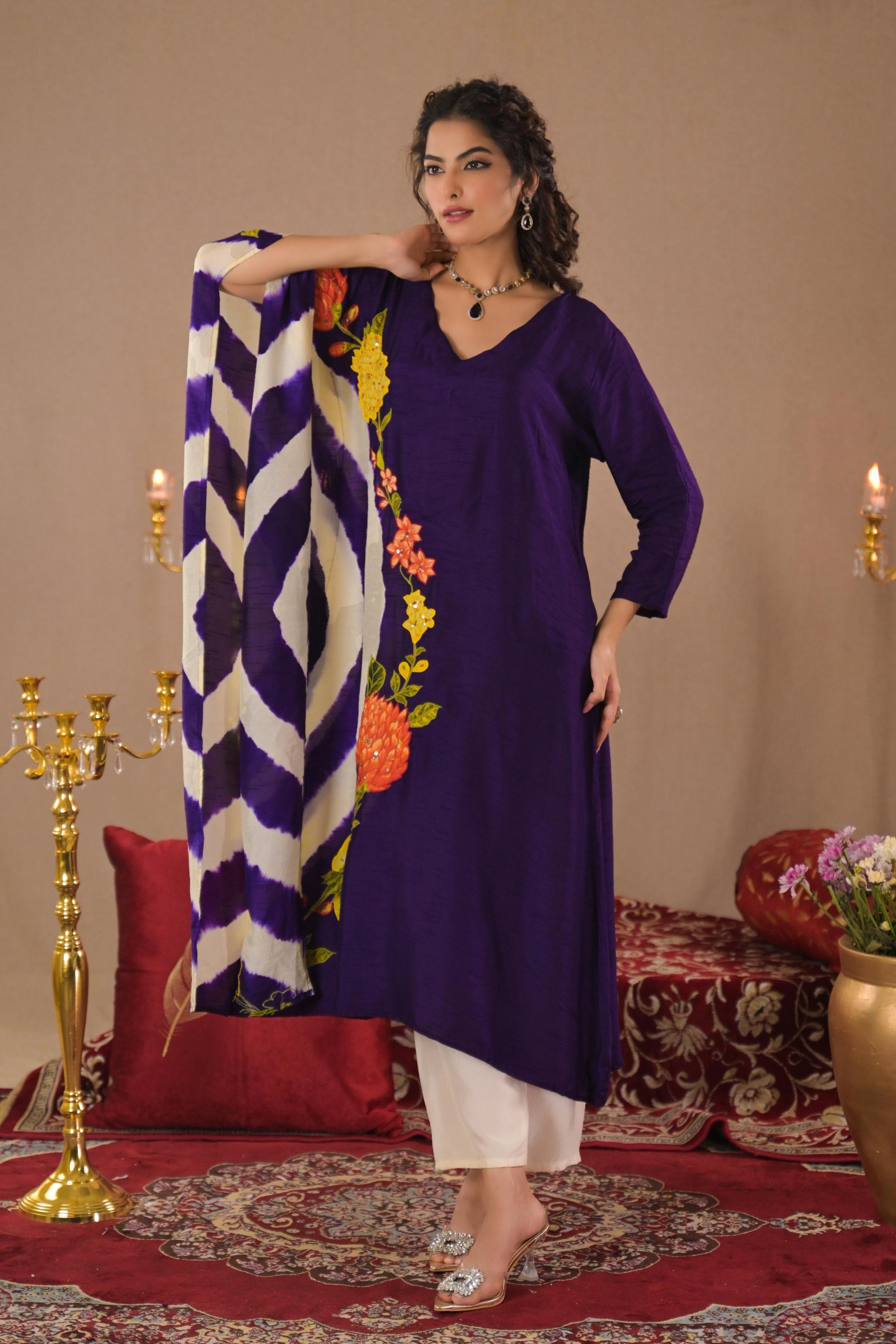 Purple Leheriya Printed Raw Silk Kurta Set