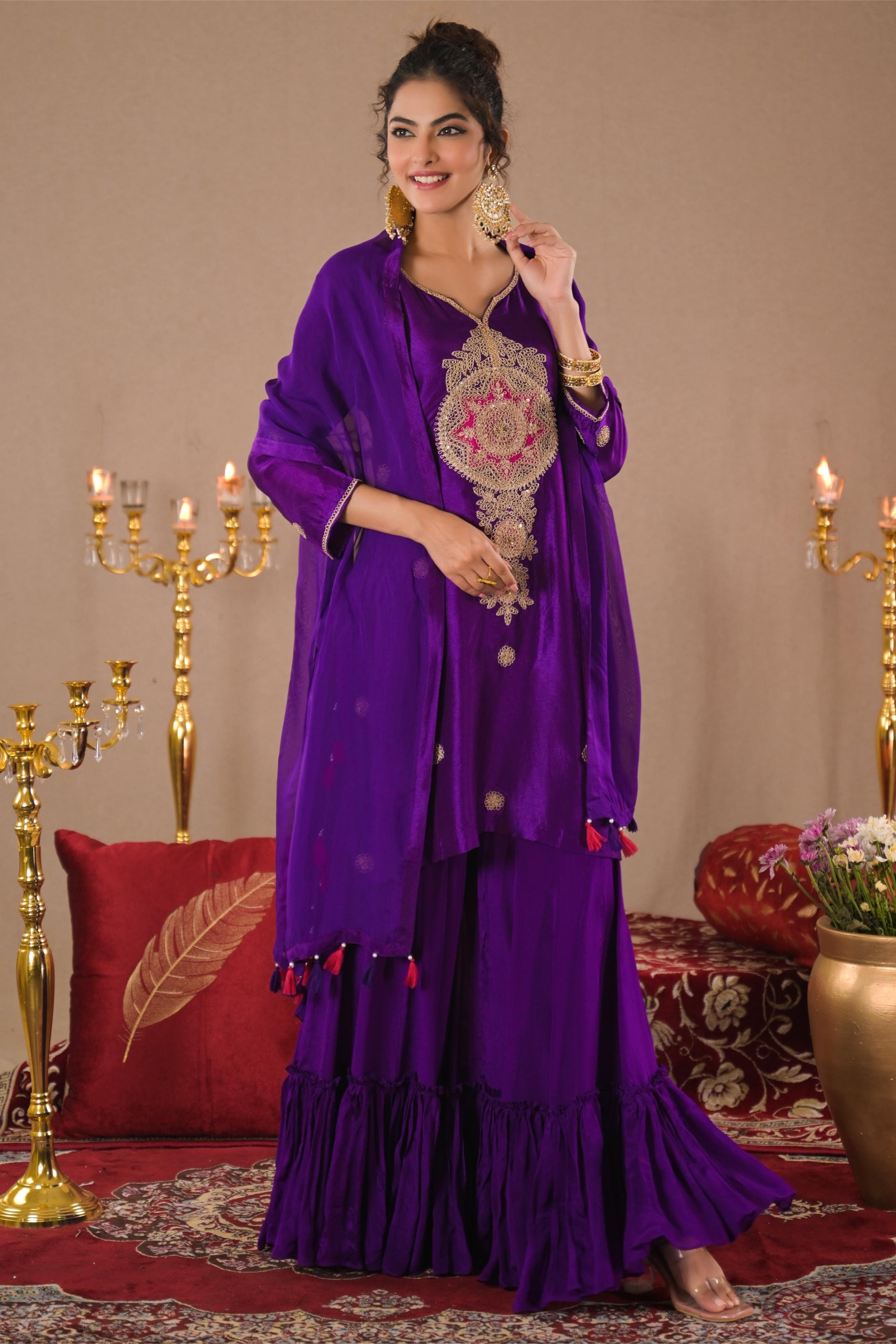 Purple Embroidered German Silk Sharara Set