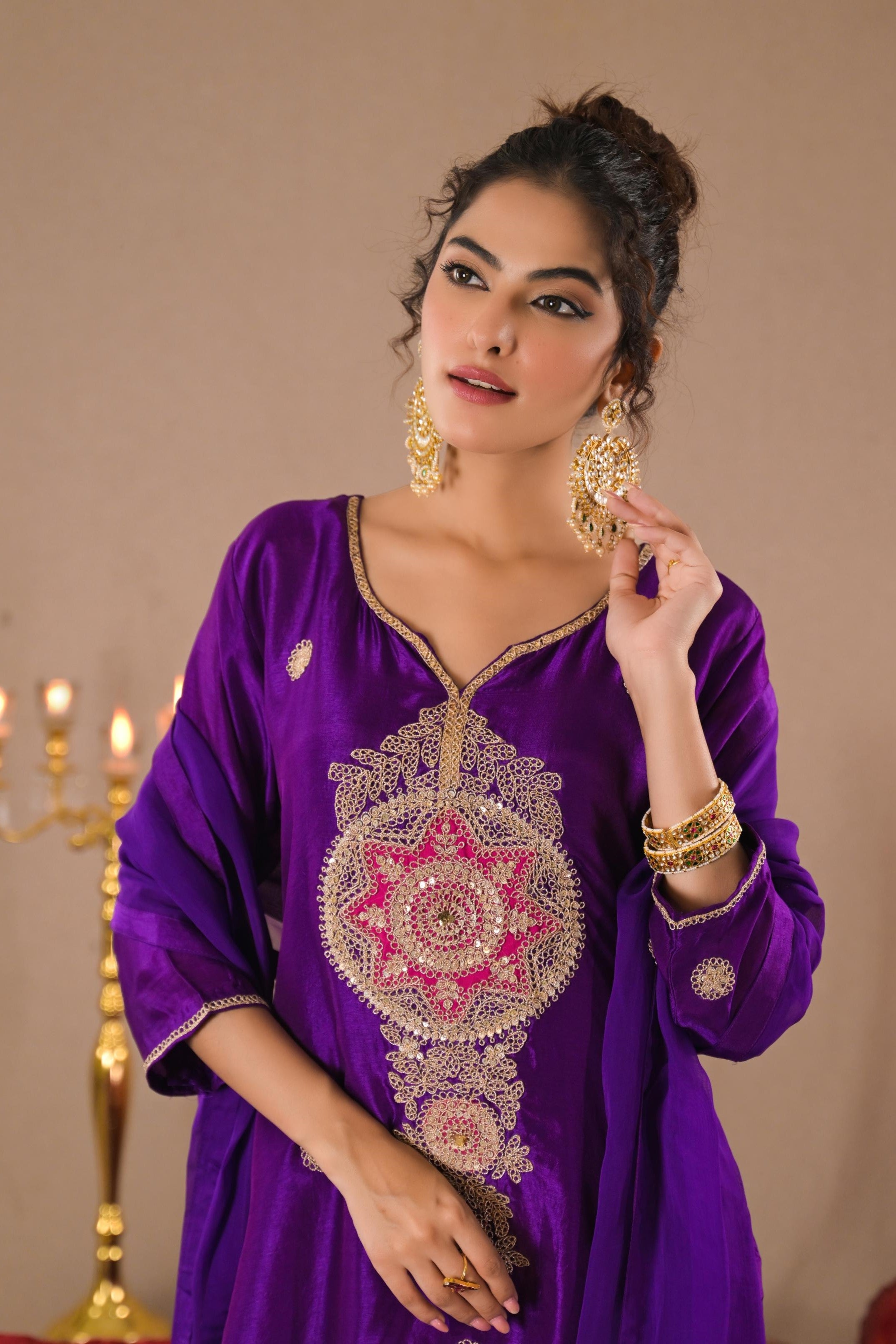 Purple Embroidered German Silk Sharara Set