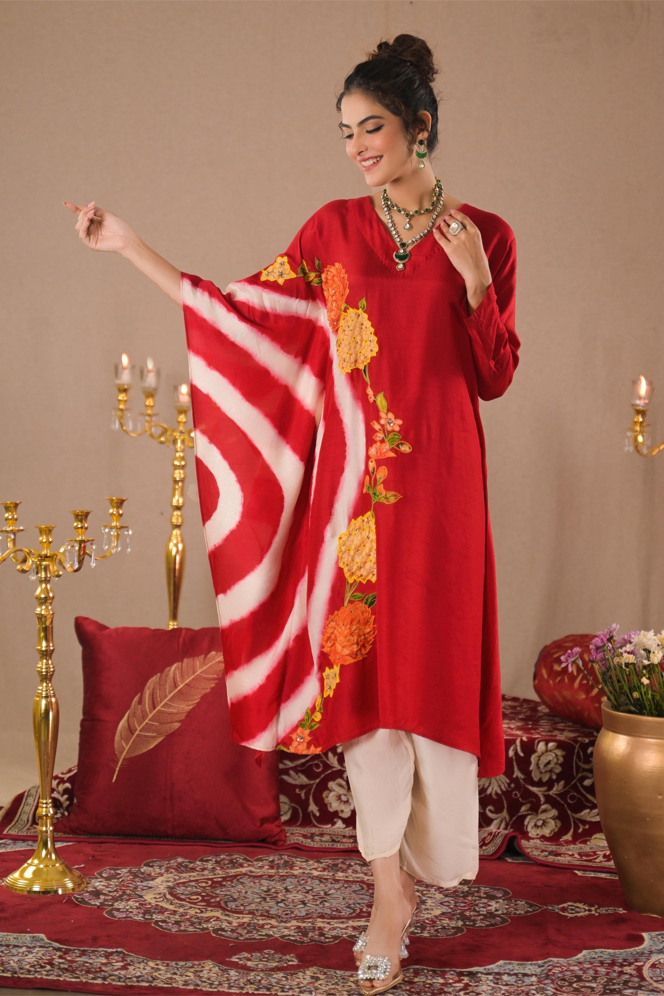 Bright Red Leheriya Printed Raw Silk Kurta Set