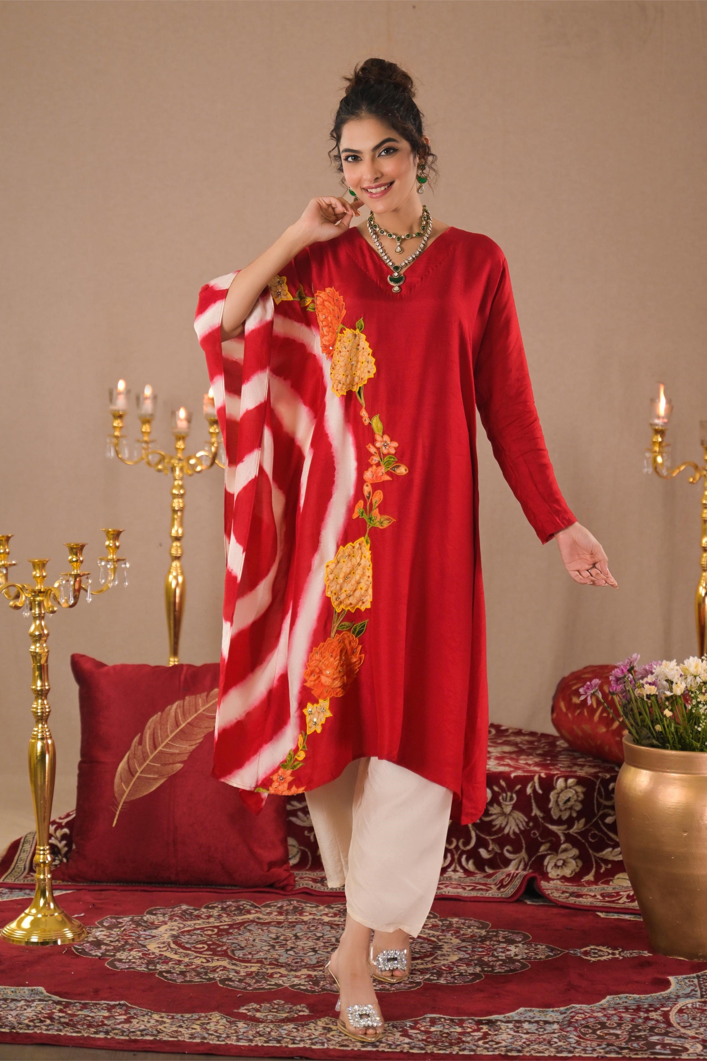 Bright Red Leheriya Printed Raw Silk Kurta Set