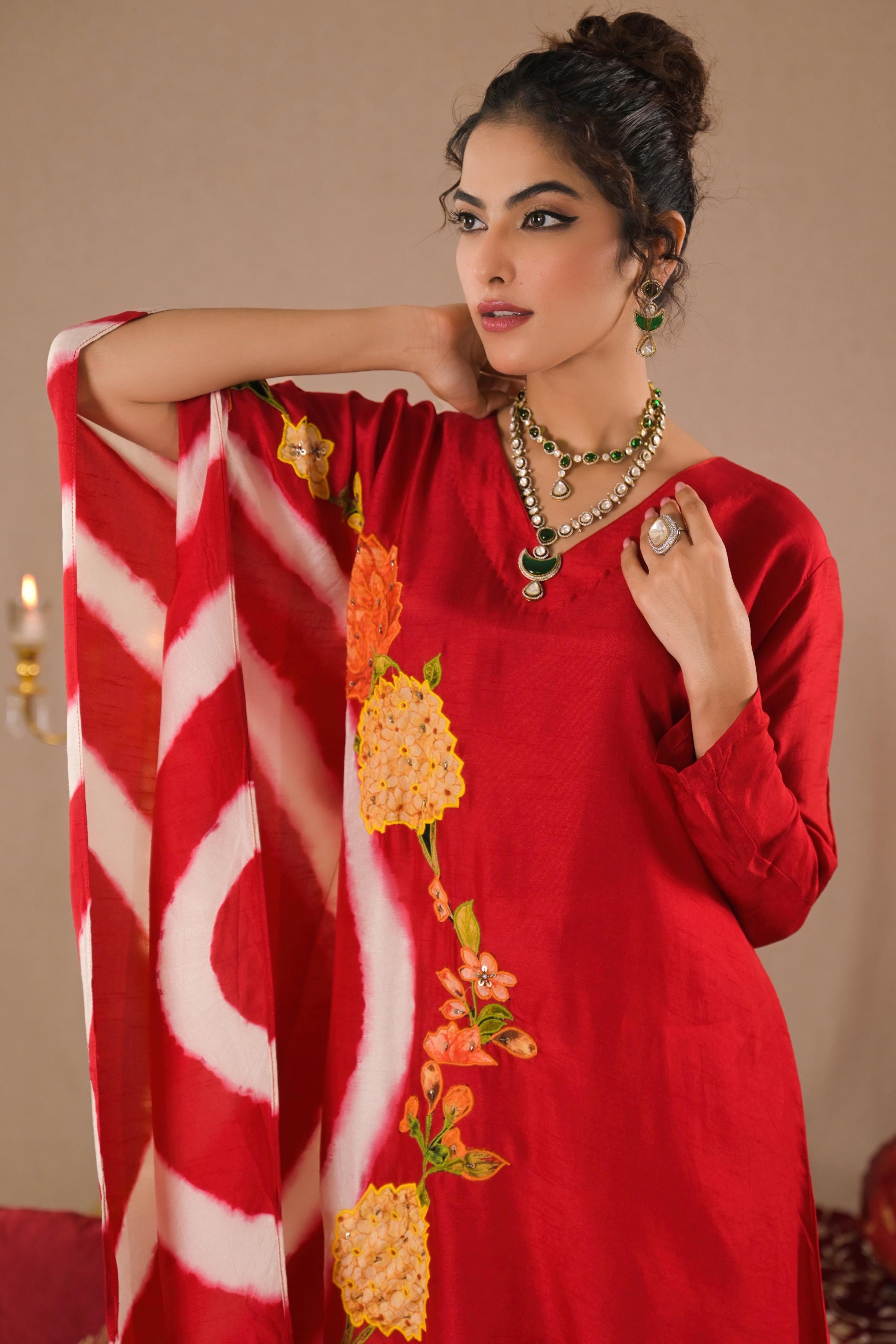 Bright Red Leheriya Printed Raw Silk Kurta Set