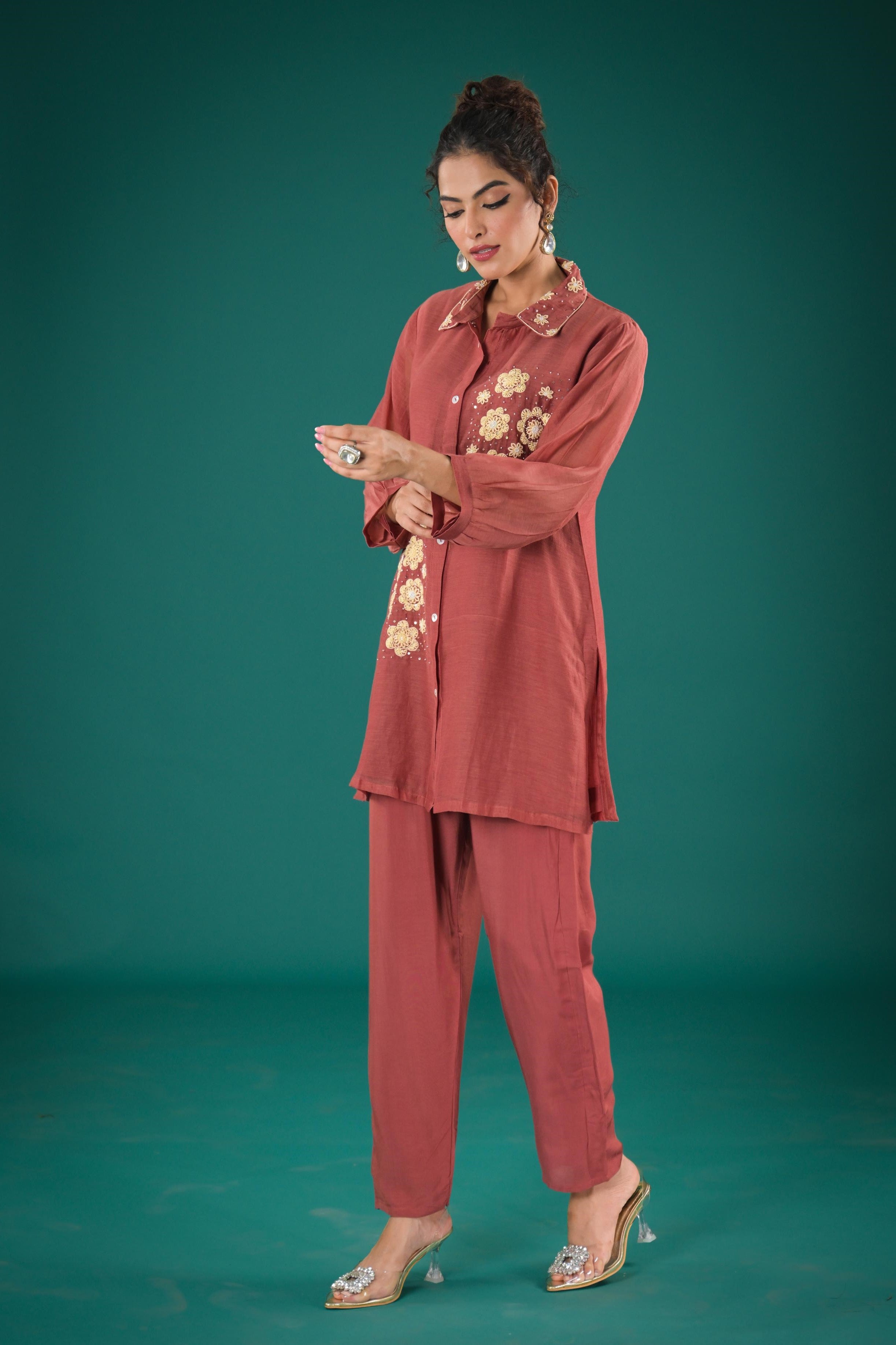 Rust Red Embroidered Tissue Organza Silk Co-Ord Set