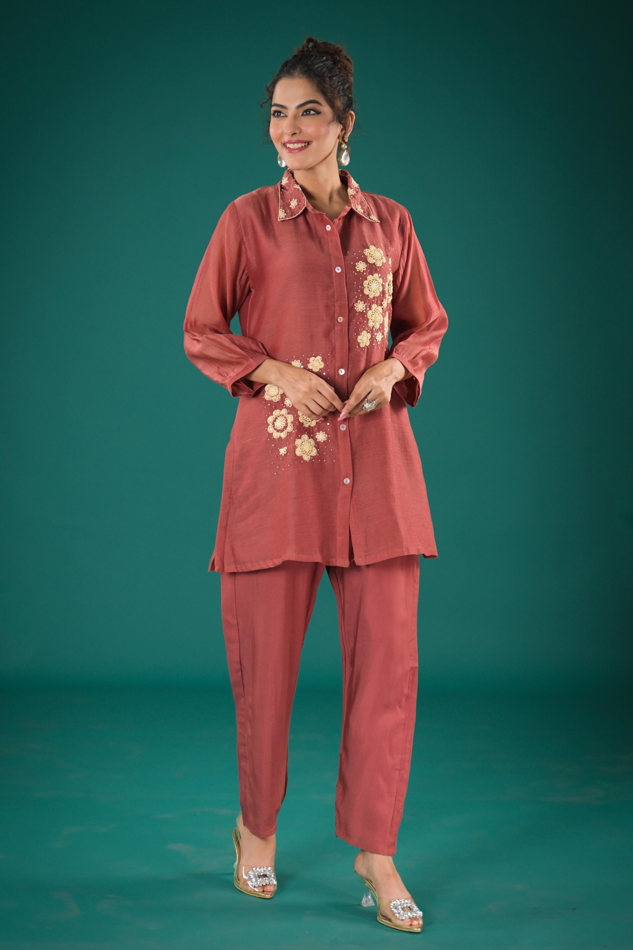 Rust Red Embroidered Tissue Organza Silk Co-Ord Set