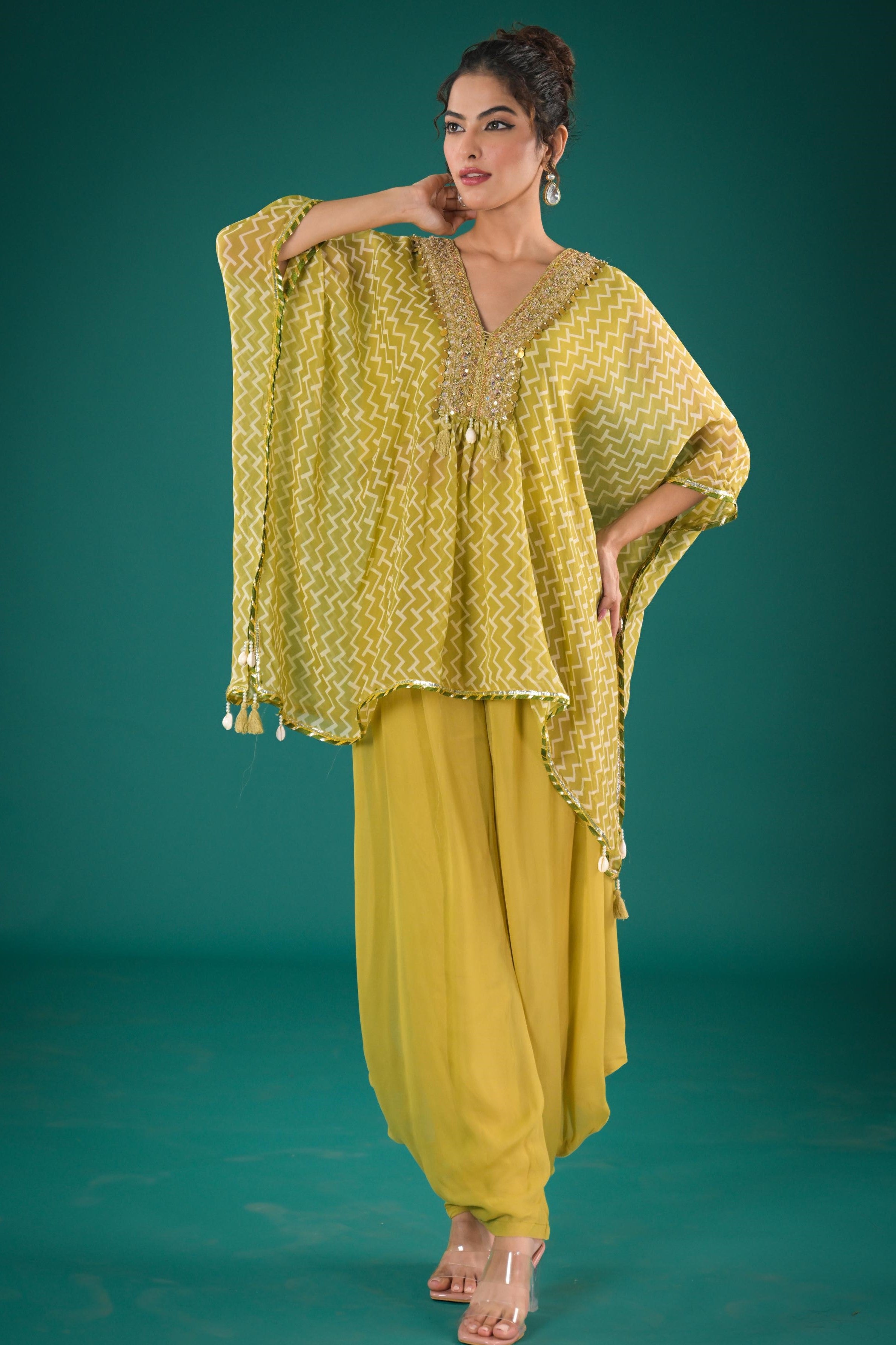 Light Green Printed Tissue Organza Silk Top & Palazzo Set