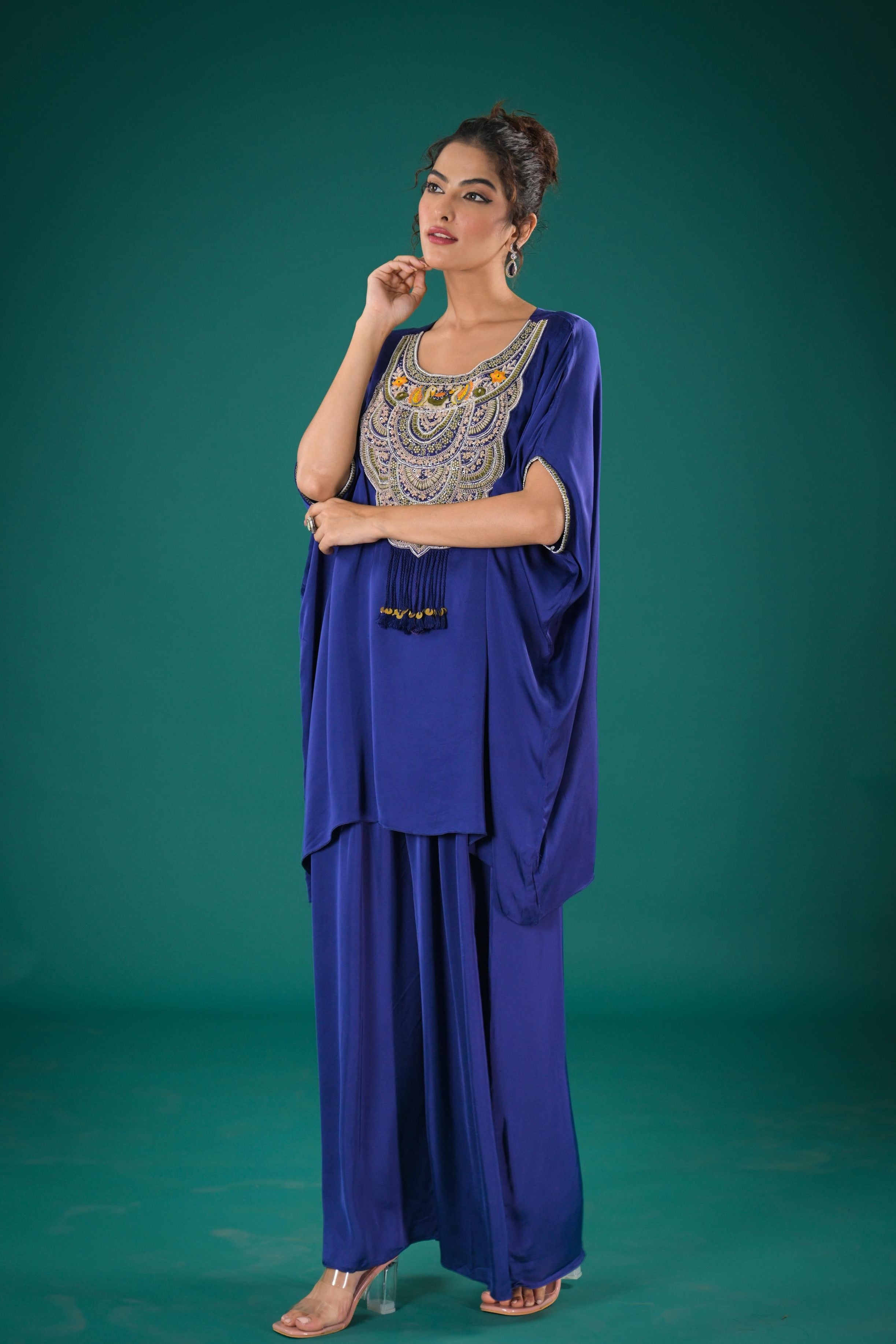 Purple Embroidered Satin Silk Kaftan Set