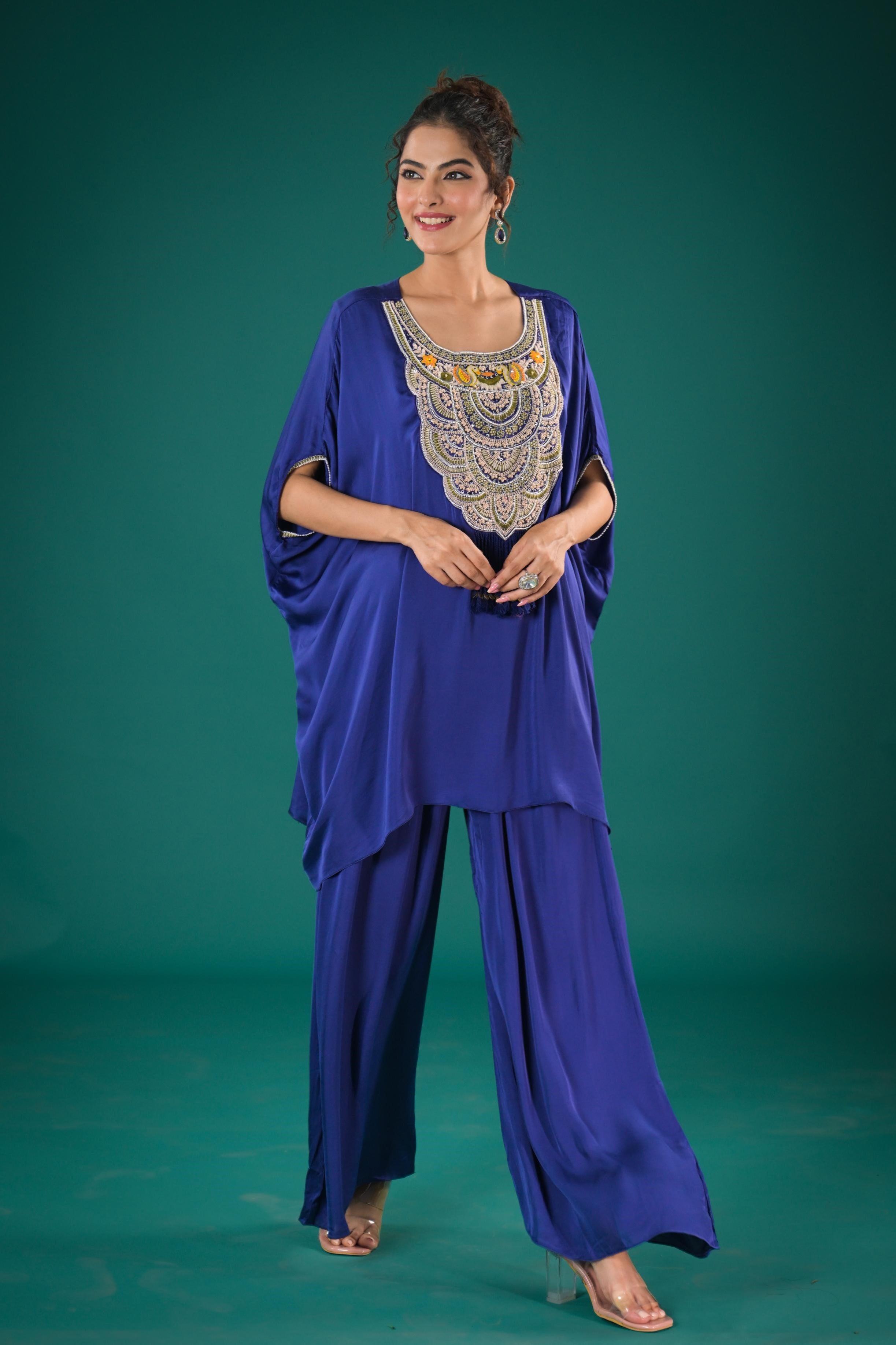 Purple Embroidered Satin Silk Kaftan Set