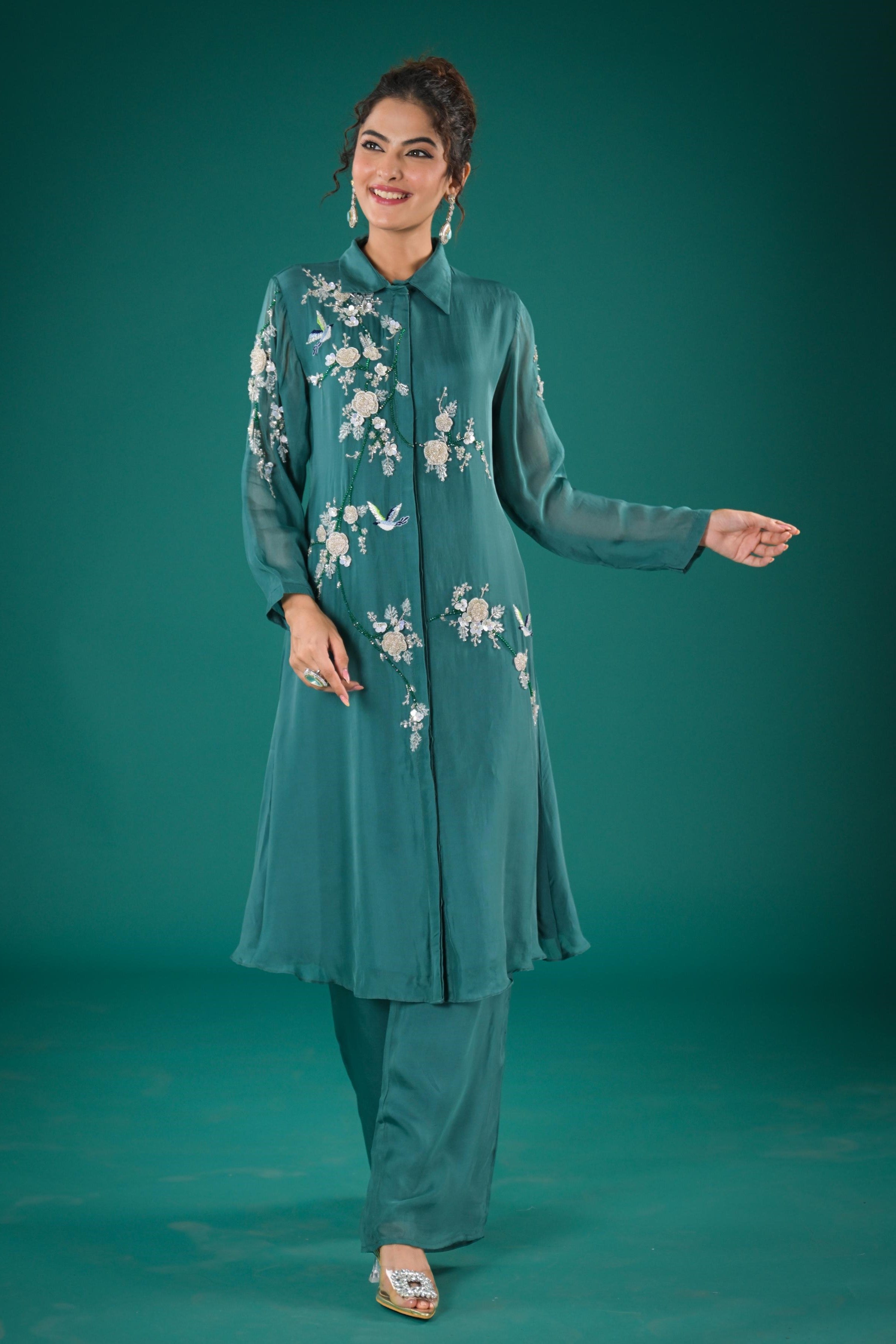 Teal Embroidered Organza Silk Co-Ord Set