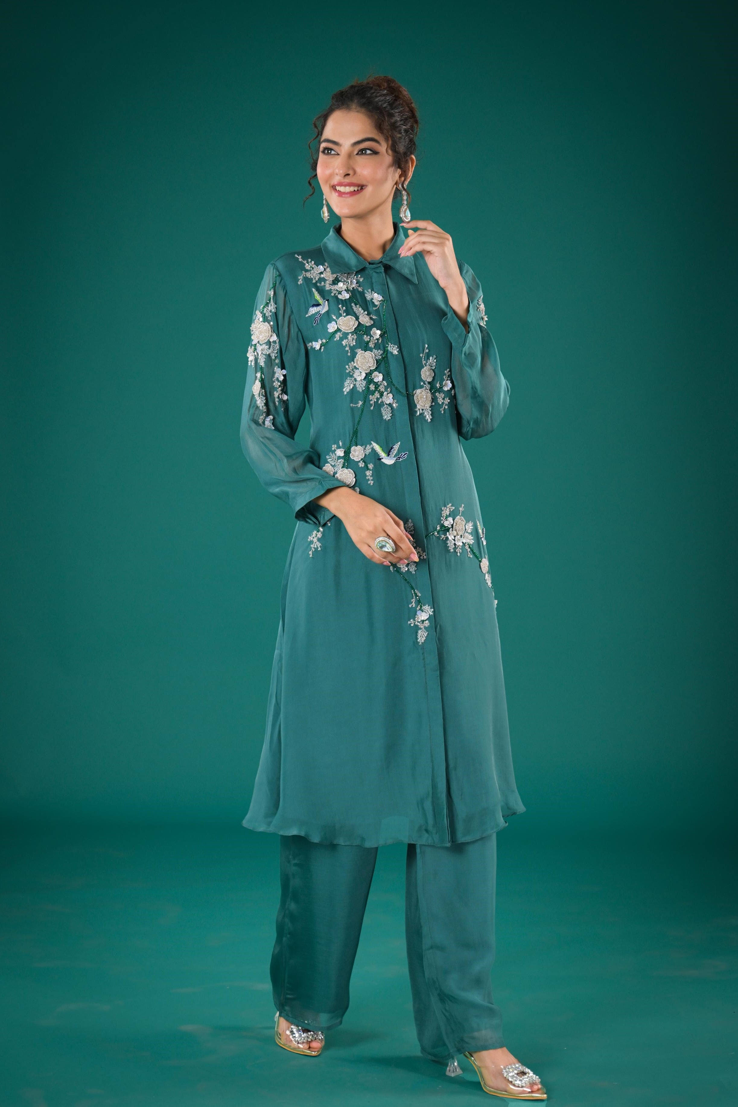 Teal Embroidered Organza Silk Co-Ord Set