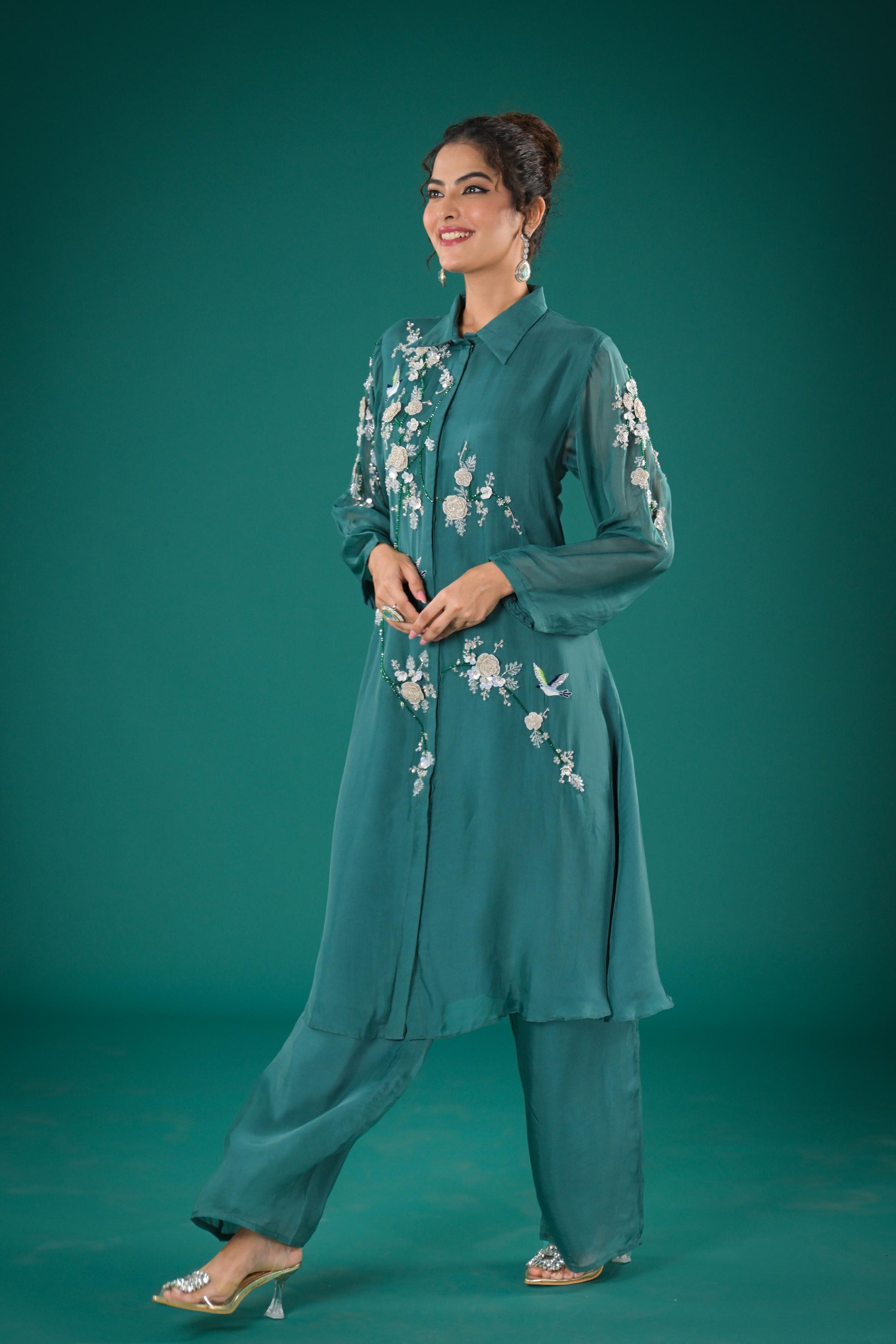 Teal Embroidered Organza Silk Co-Ord Set