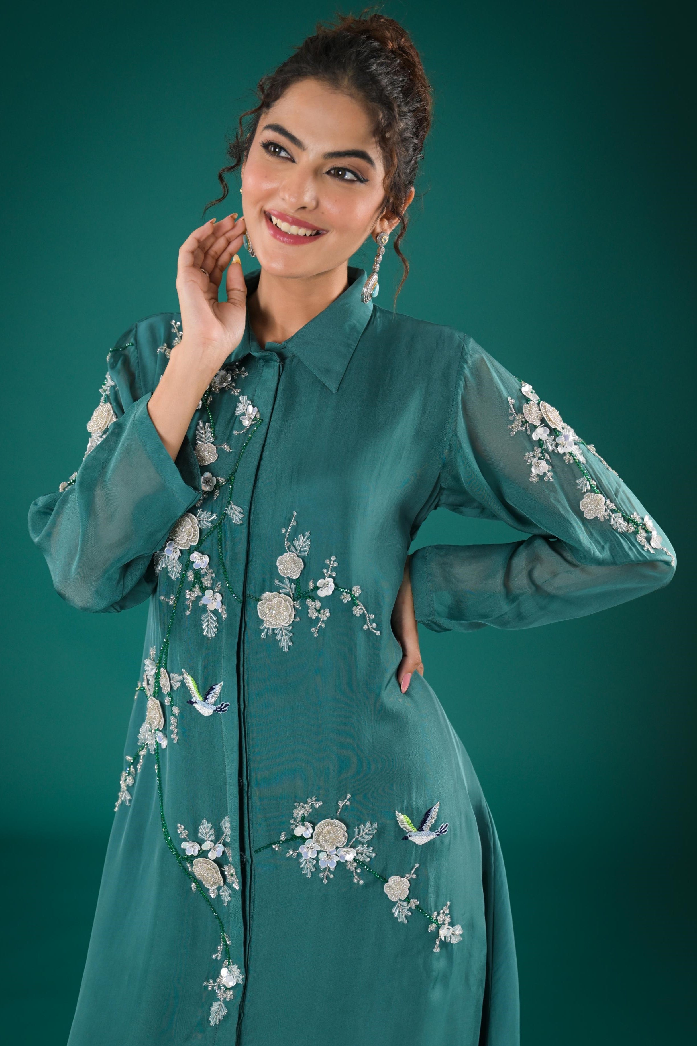 Teal Embroidered Organza Silk Co-Ord Set