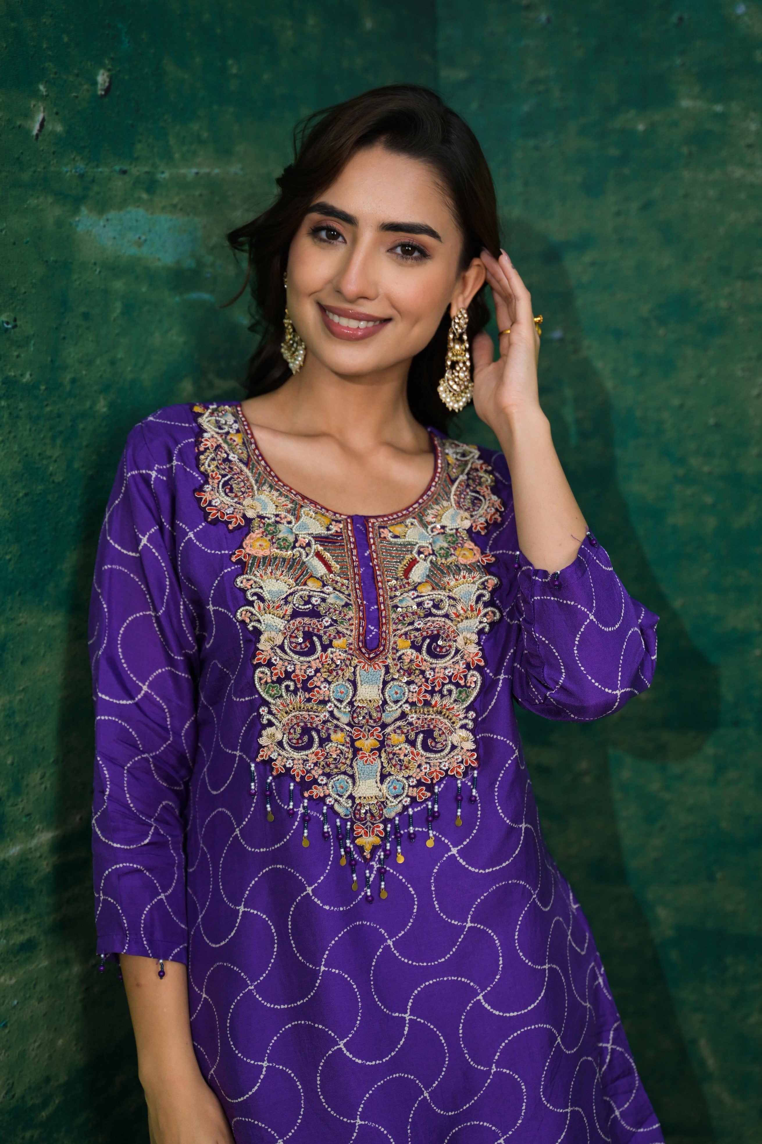 Purple Printed German Silk Kurta Set