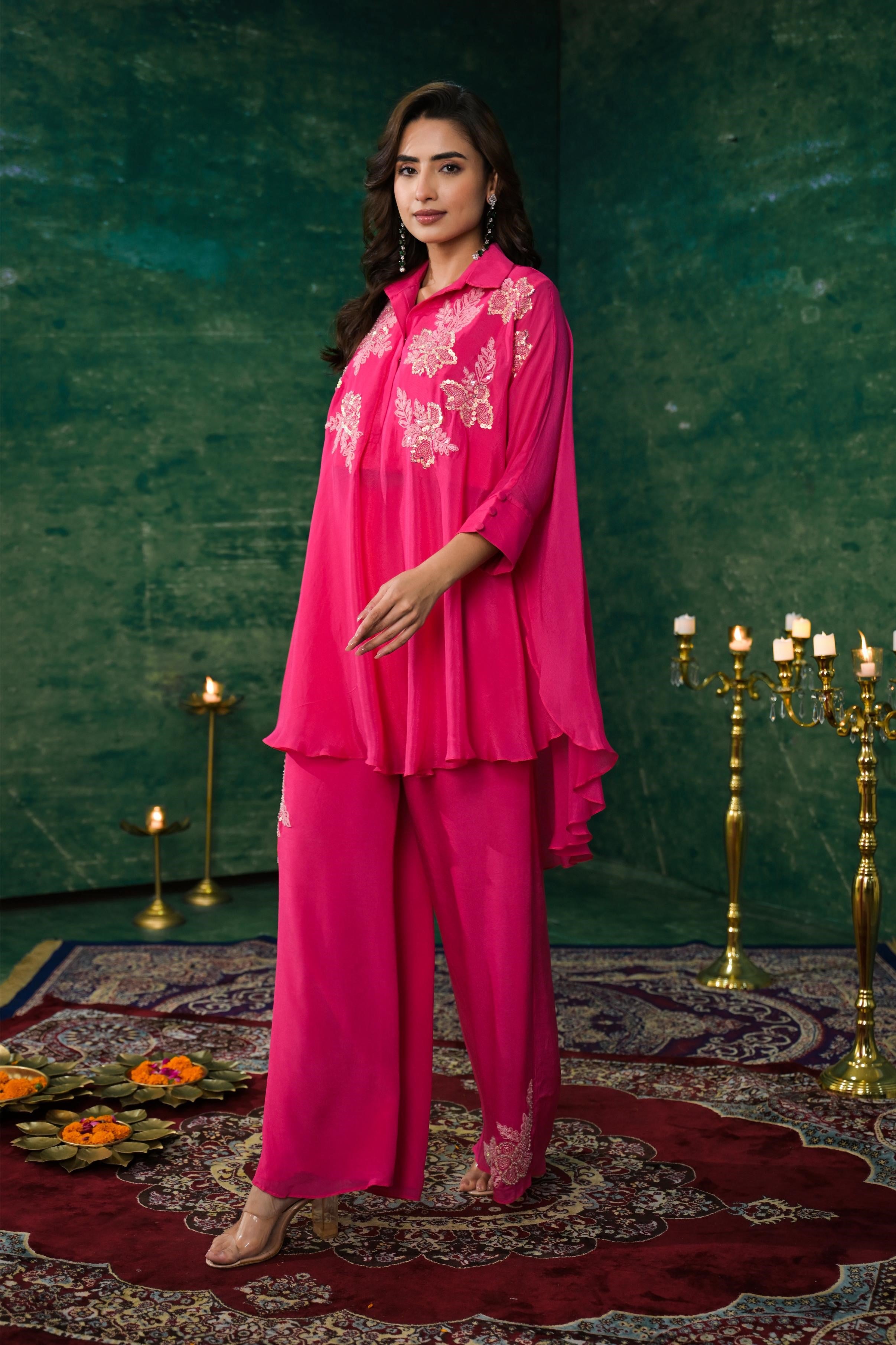 Bright Pink Embroidered Spanish Silk Co-Ord Set