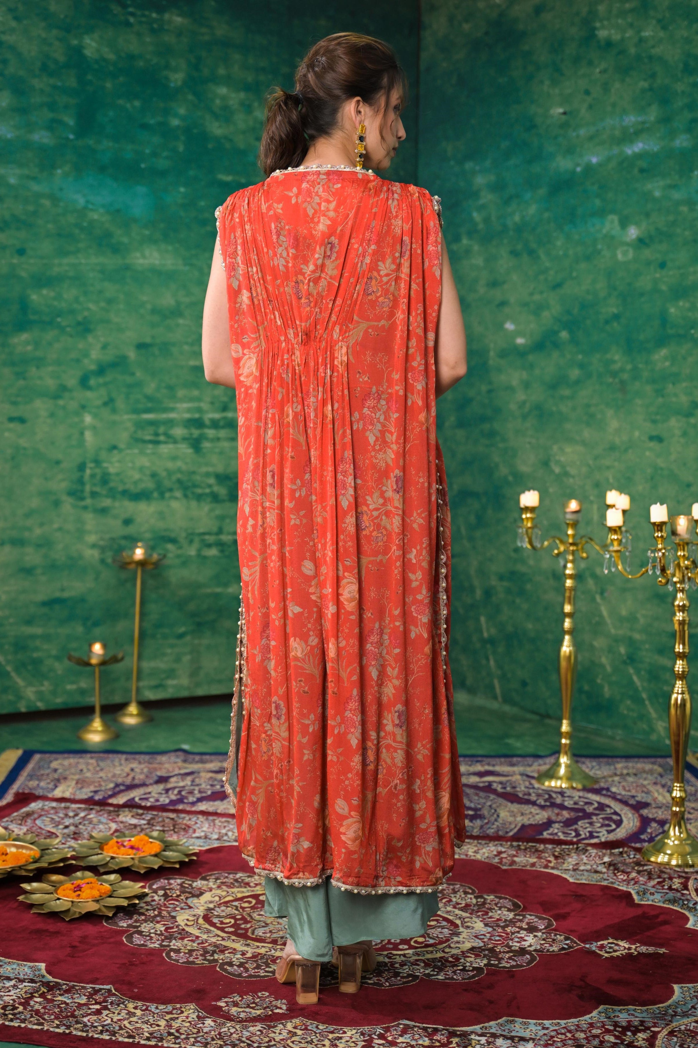 Bright Orange Printed Chinon Silk Kaftan Set